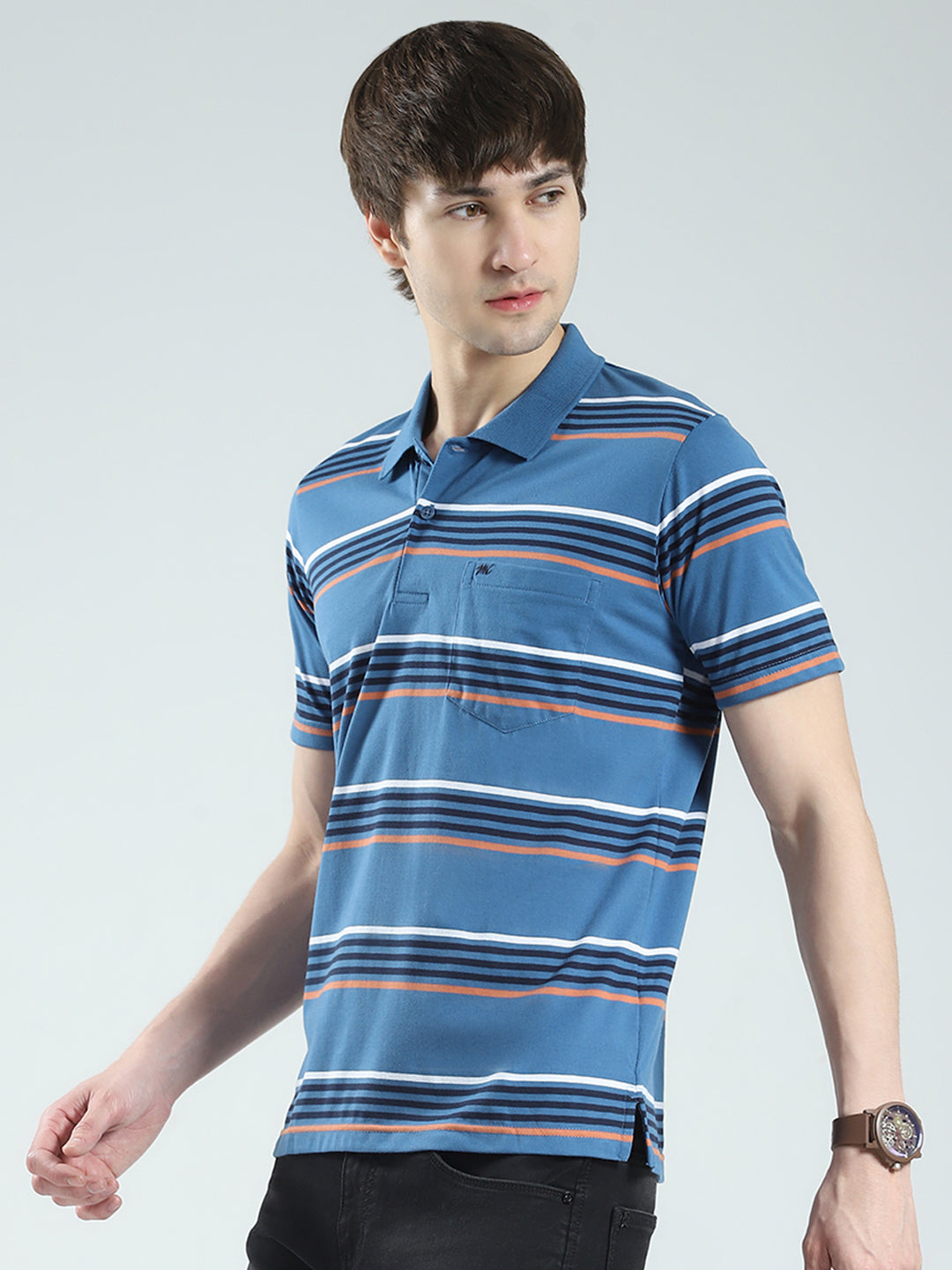 Men Blue Stripe Collar Half Sleeve T-Shirt