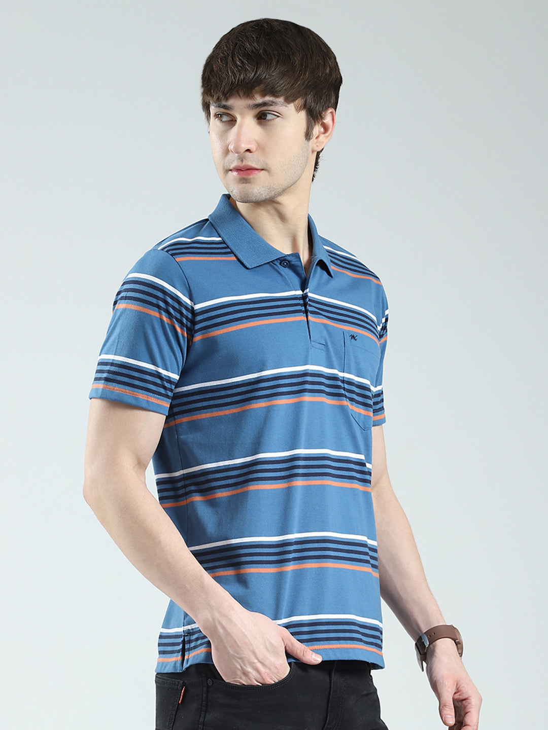 Men Blue Stripe Collar Half Sleeve T-Shirt