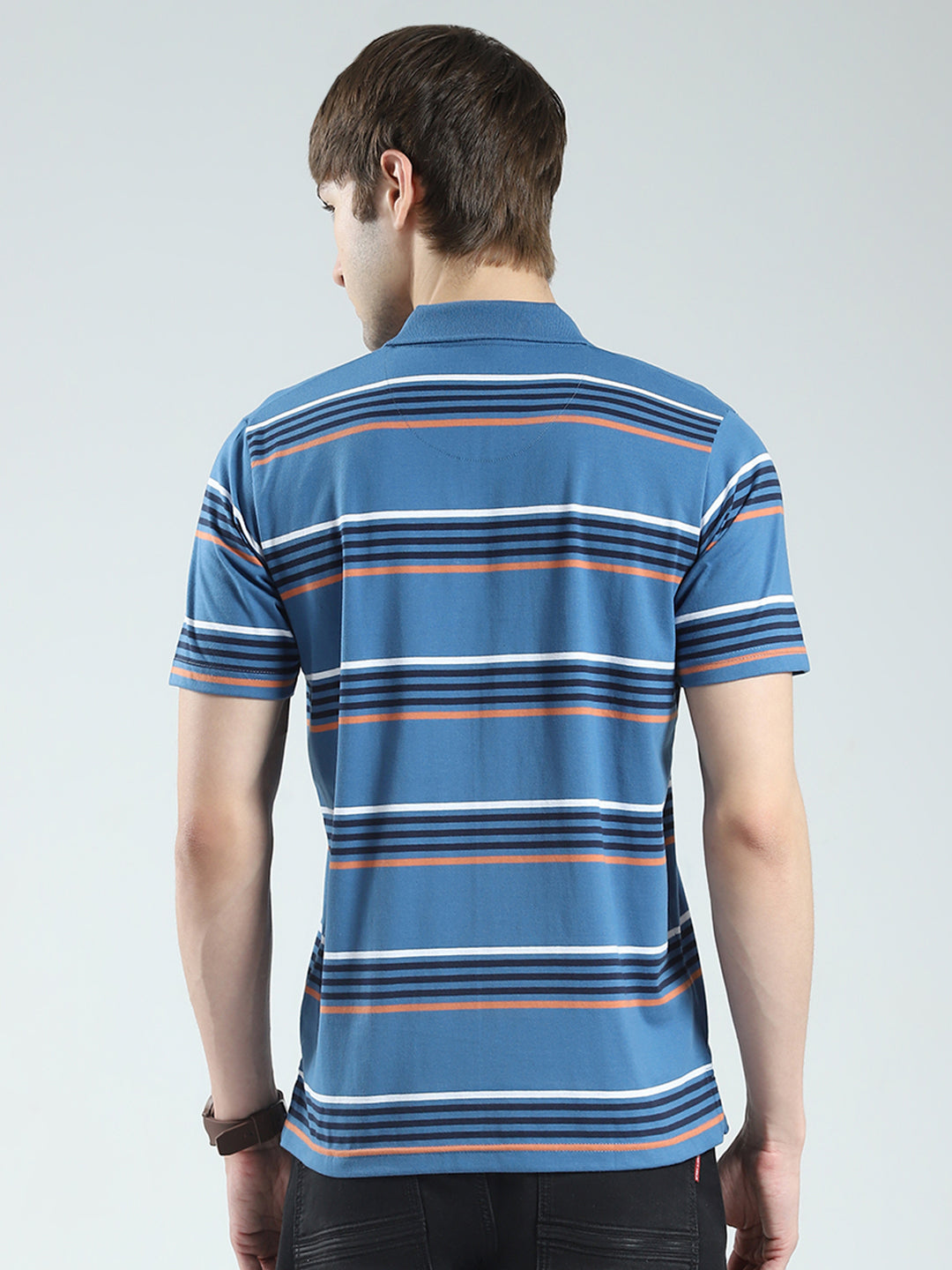 Men Blue Stripe Collar Half Sleeve T-Shirt