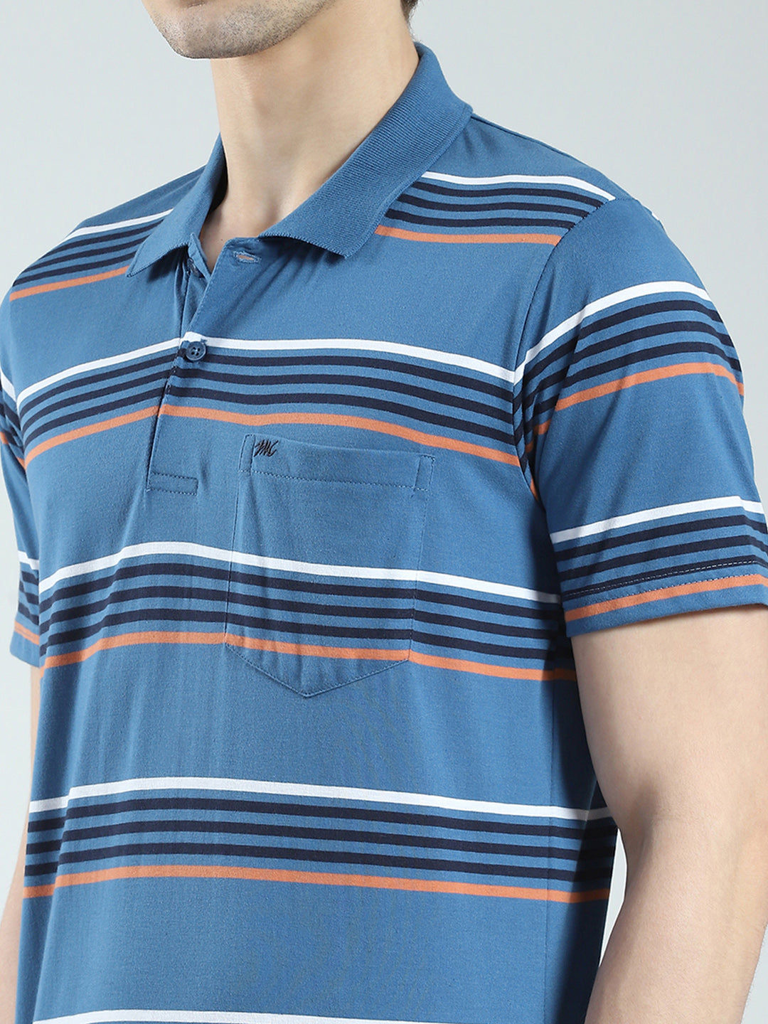 Men Blue Stripe Collar Half Sleeve T-Shirt