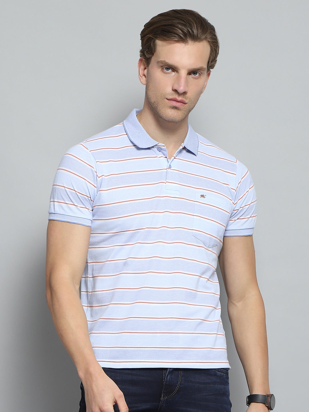 Men Blue Stripe Collar Half Sleeve T-Shirt