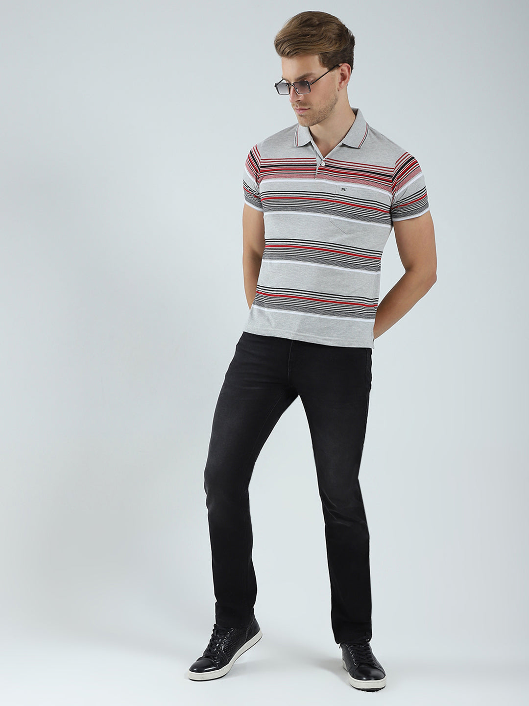 Men Grey Stripe Collar Half Sleeve T-Shirt