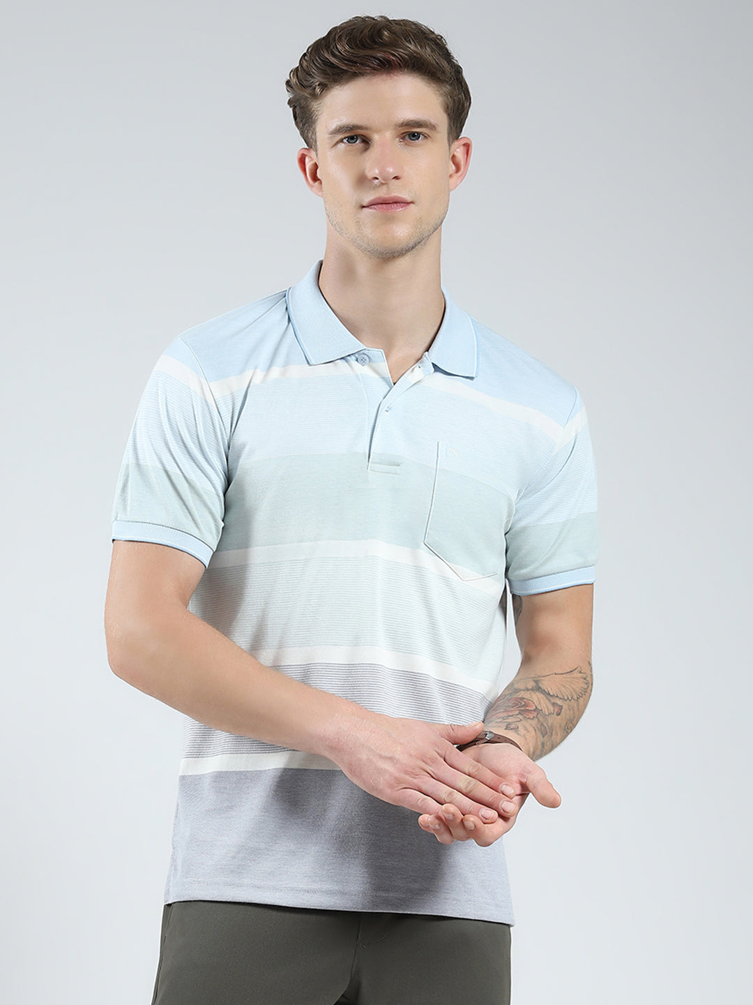 Men Blue Stripe Collar Half Sleeve T-Shirt