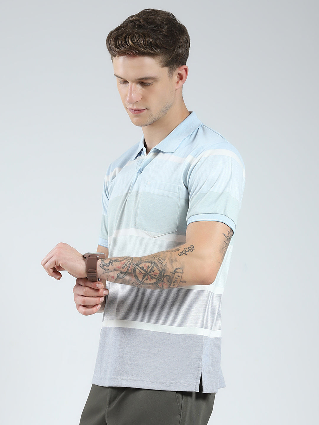 Men Blue Stripe Collar Half Sleeve T-Shirt