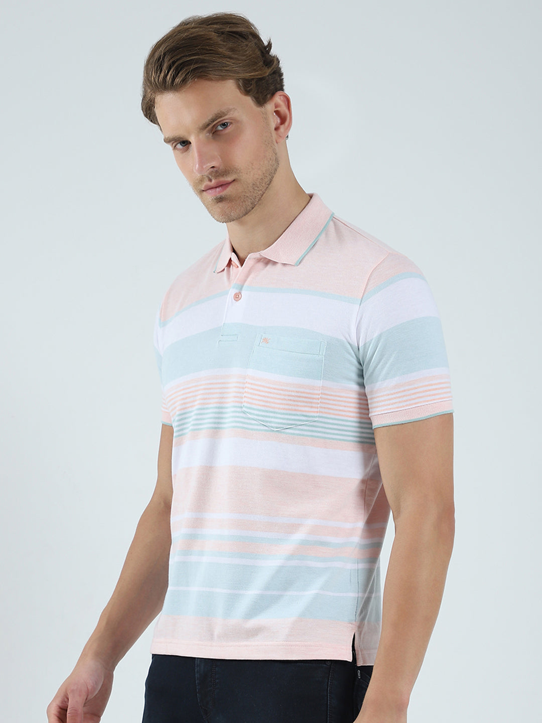 Men Peach Stripe Collar Half Sleeve T-Shirt