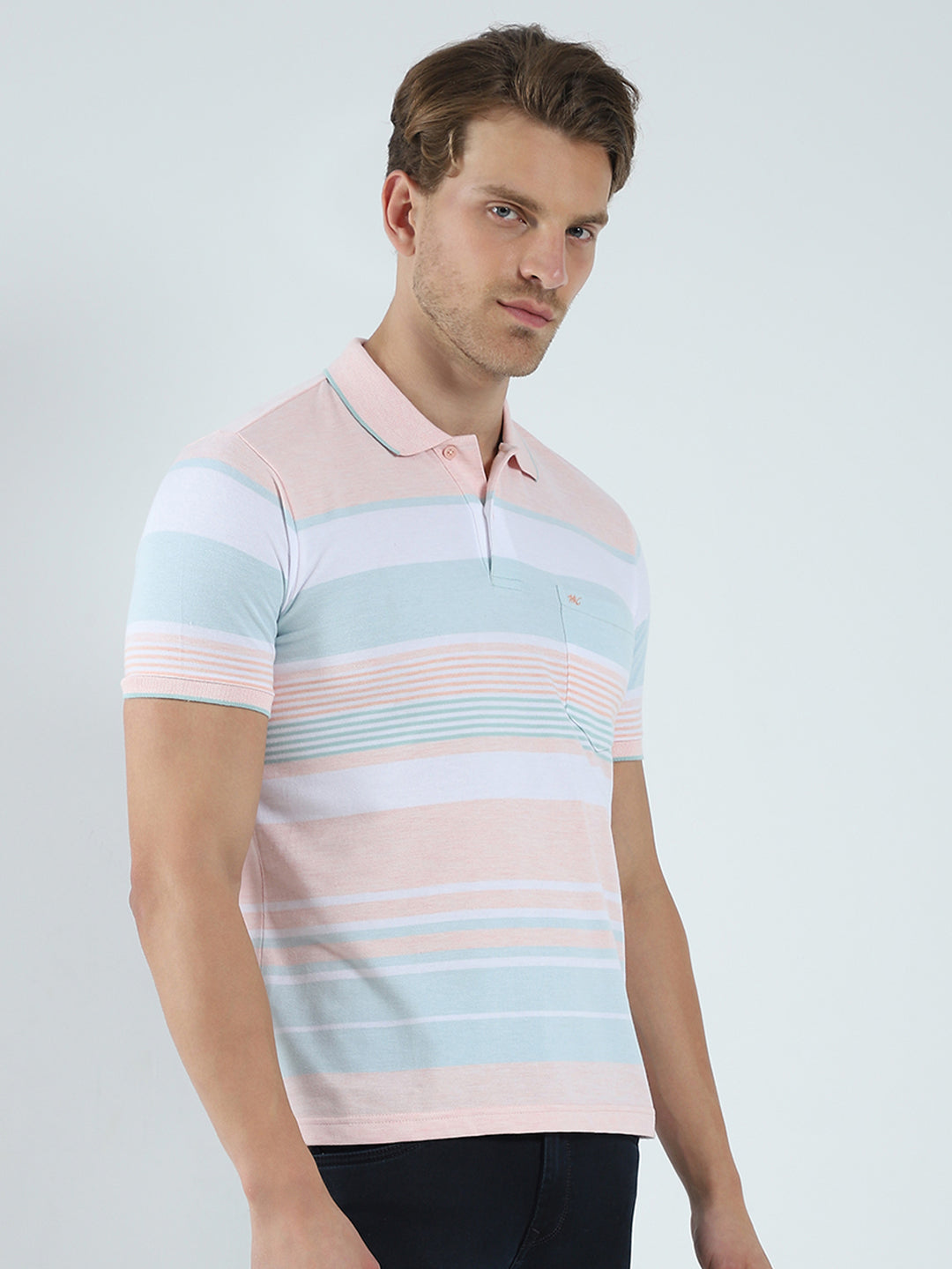 Men Peach Stripe Collar Half Sleeve T-Shirt