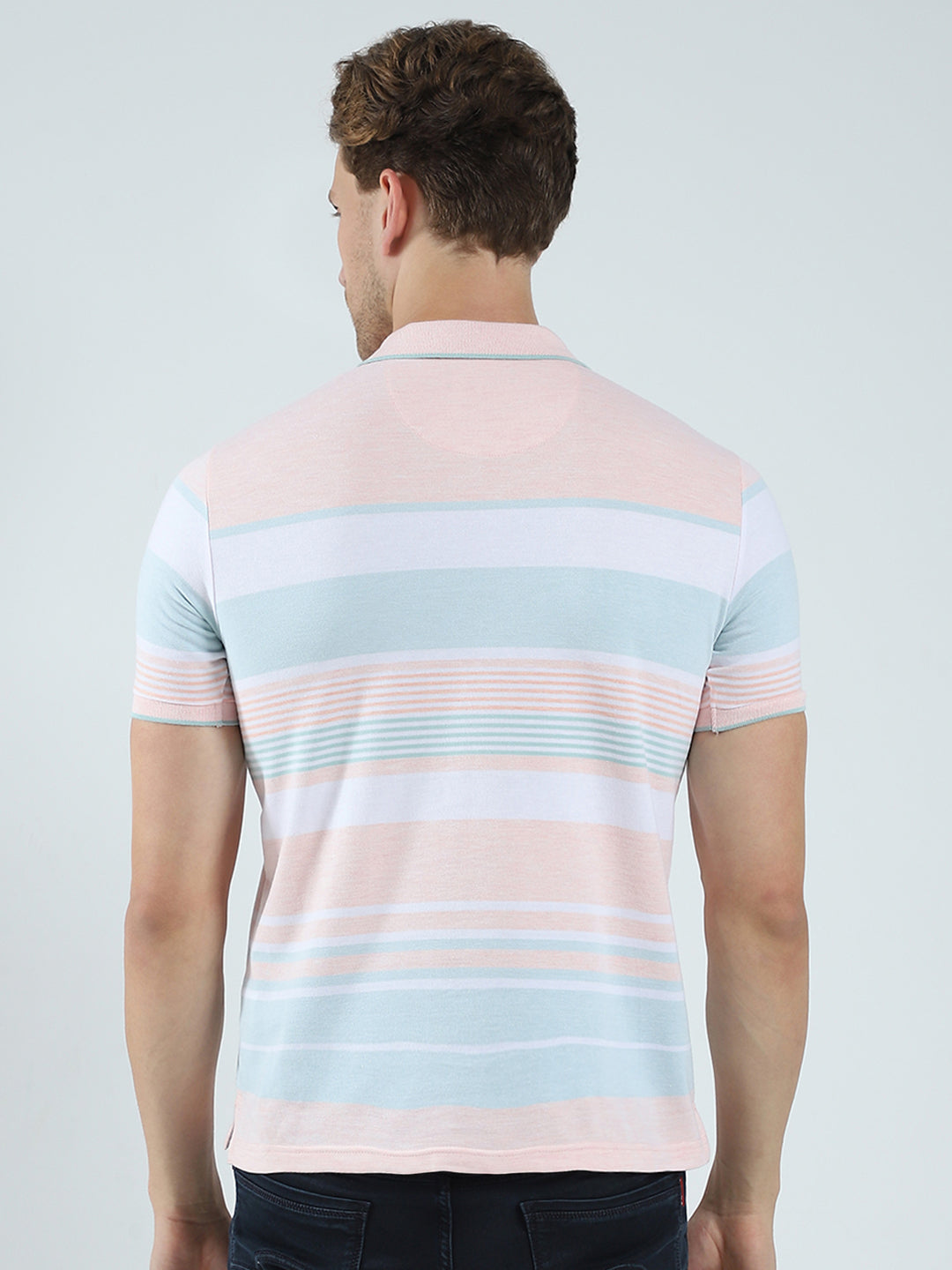 Men Peach Stripe Collar Half Sleeve T-Shirt