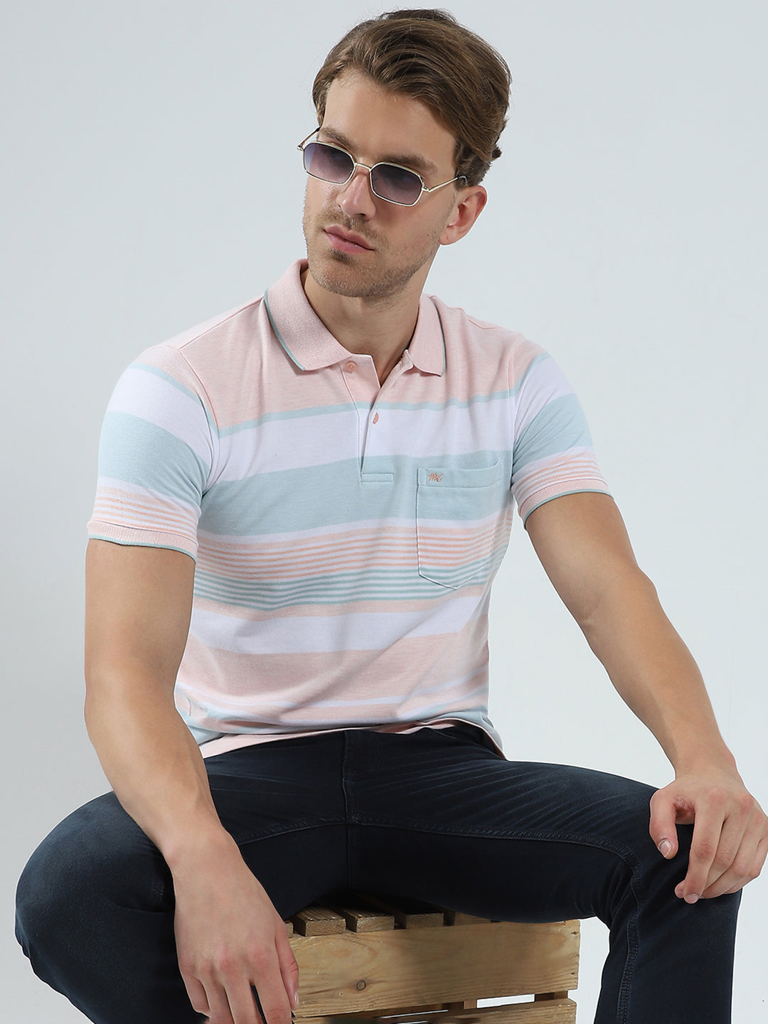 Men Peach Stripe Collar Half Sleeve T-Shirt