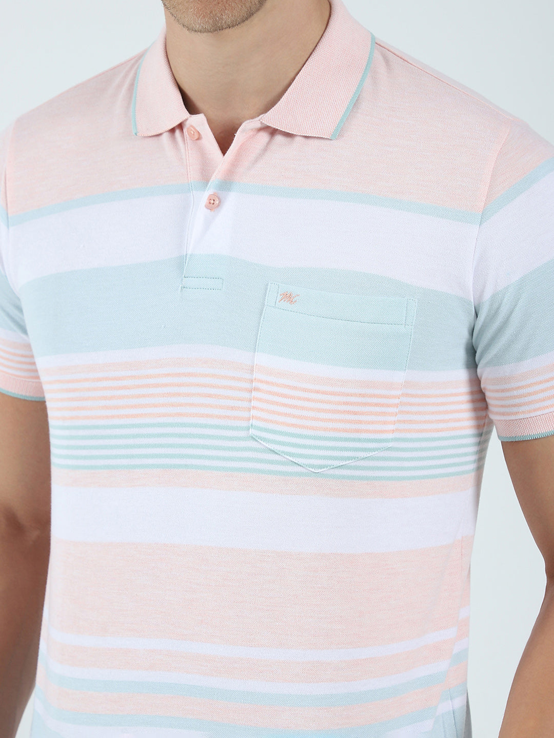 Men Peach Stripe Collar Half Sleeve T-Shirt