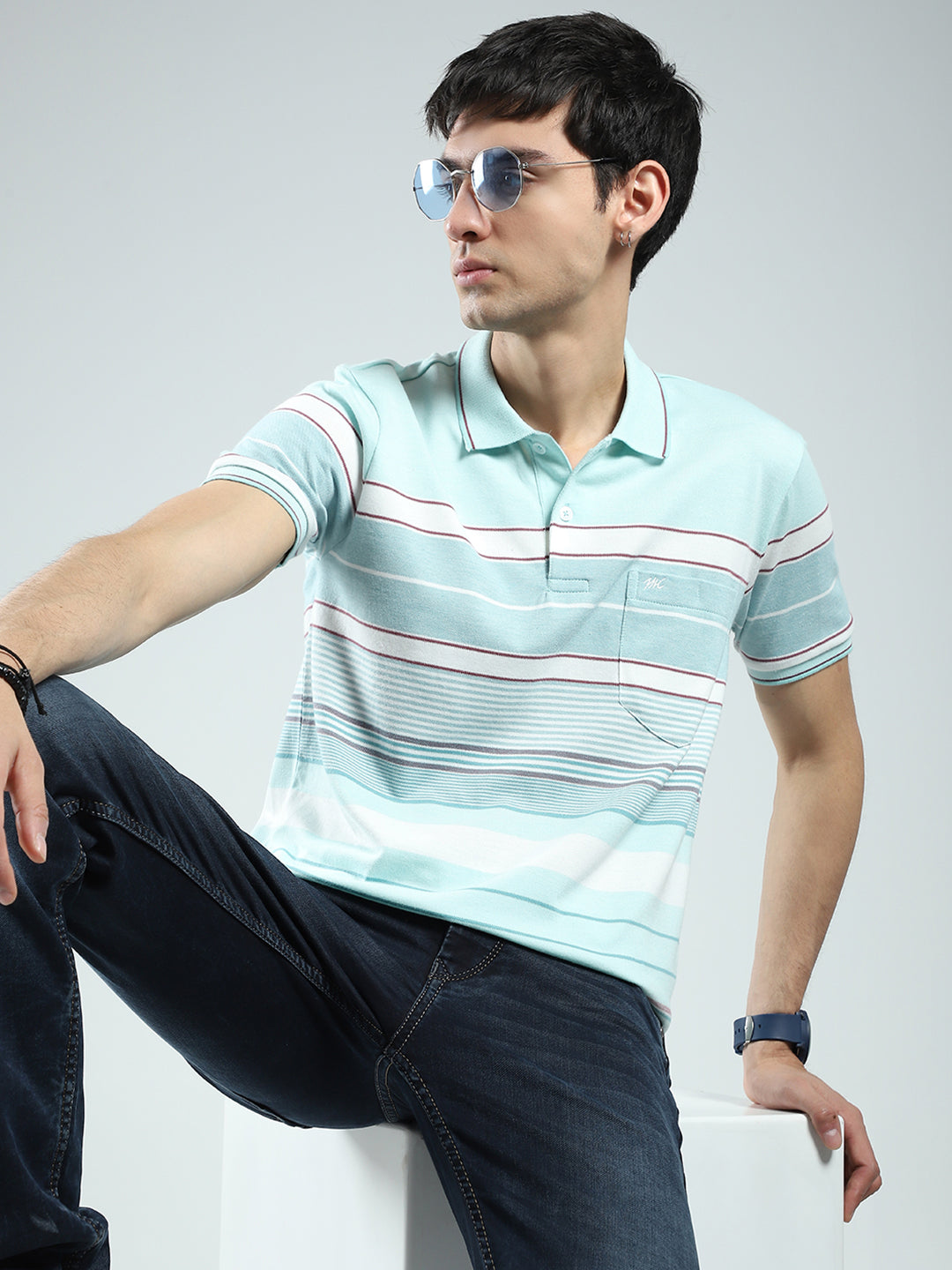 Men Green Stripe Collar Half Sleeve T-Shirt