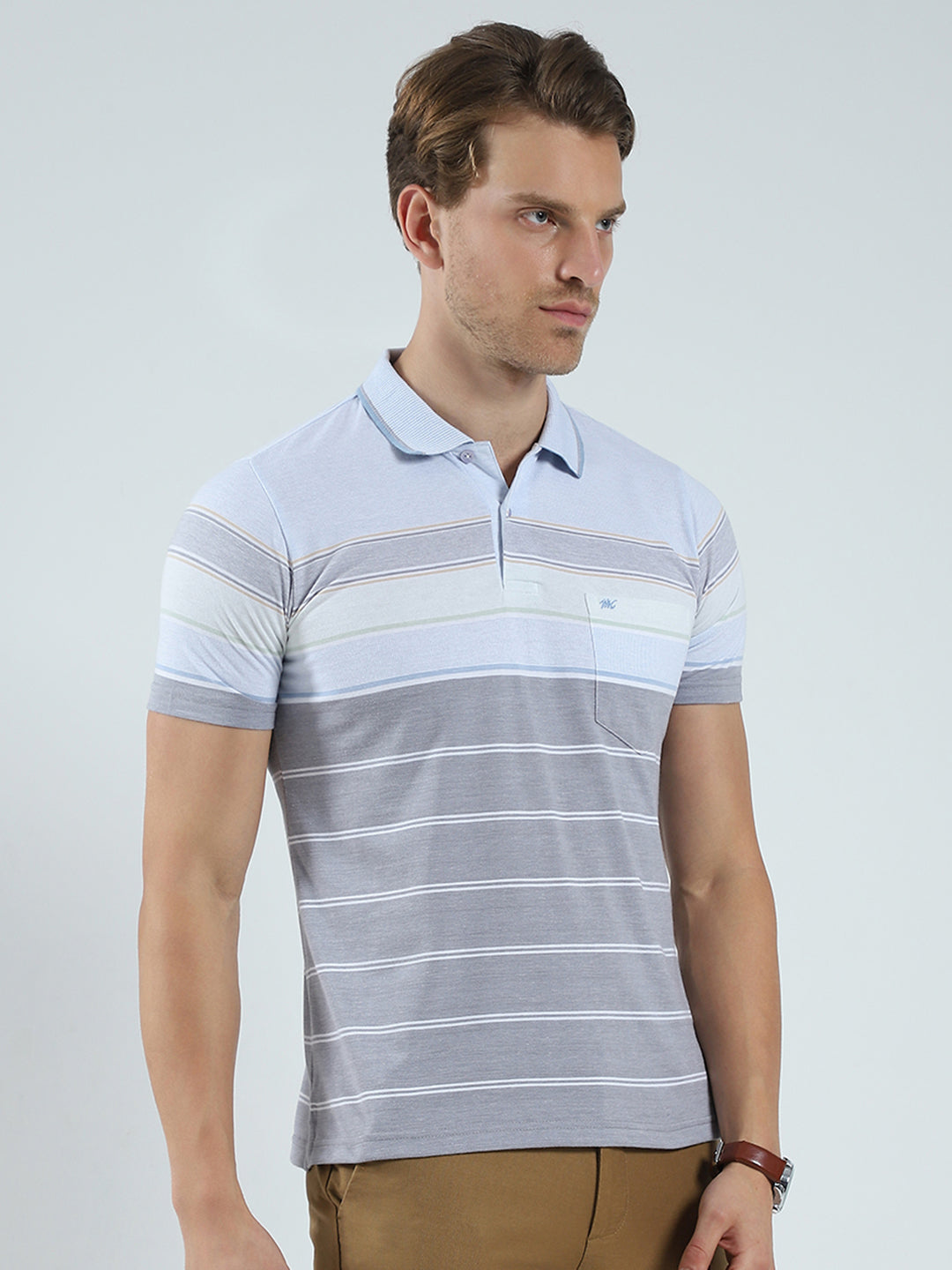 Men Blue Stripe Collar Half Sleeve T-Shirt