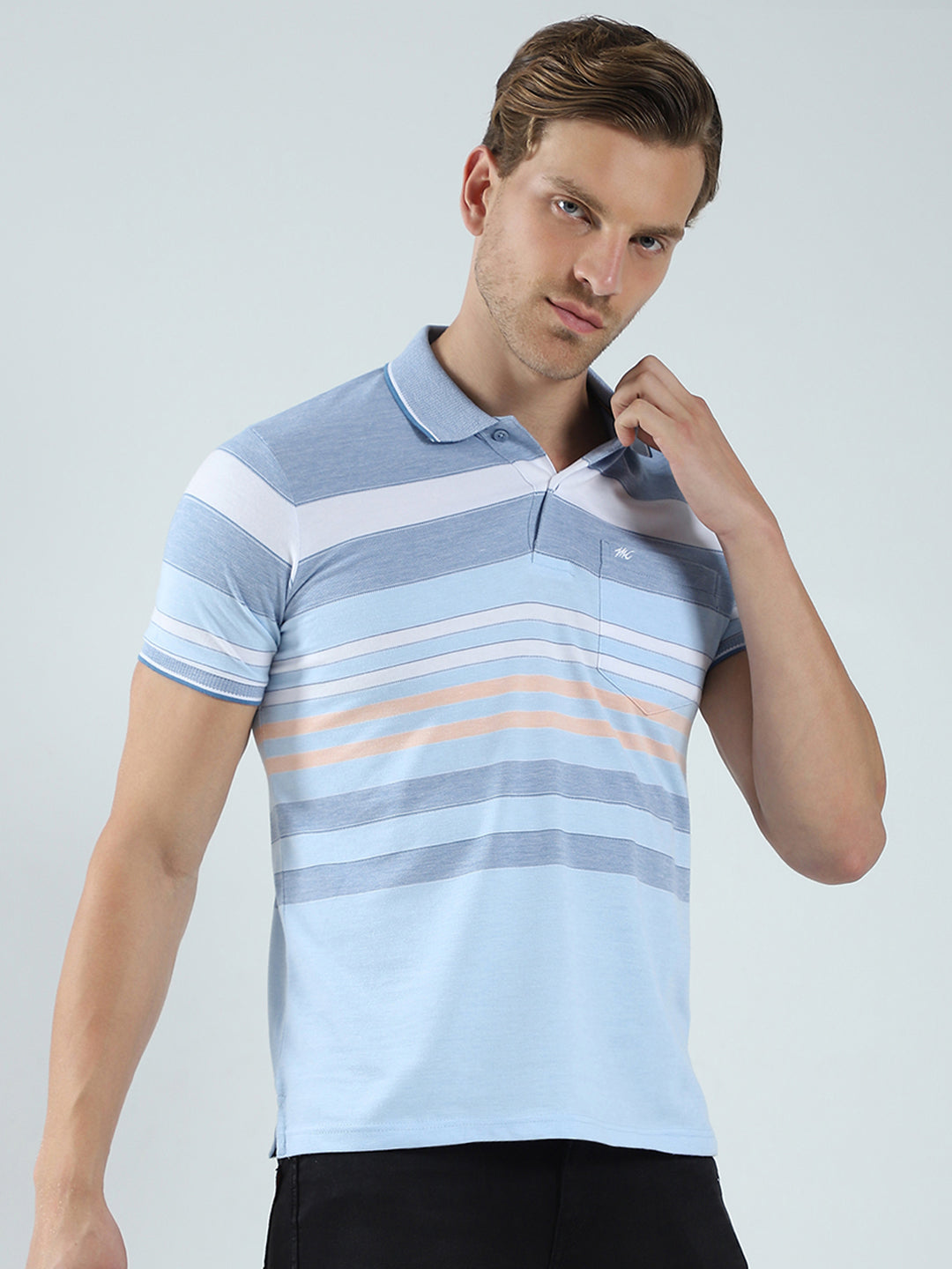 Men Blue Stripe Collar Half Sleeve T-Shirt