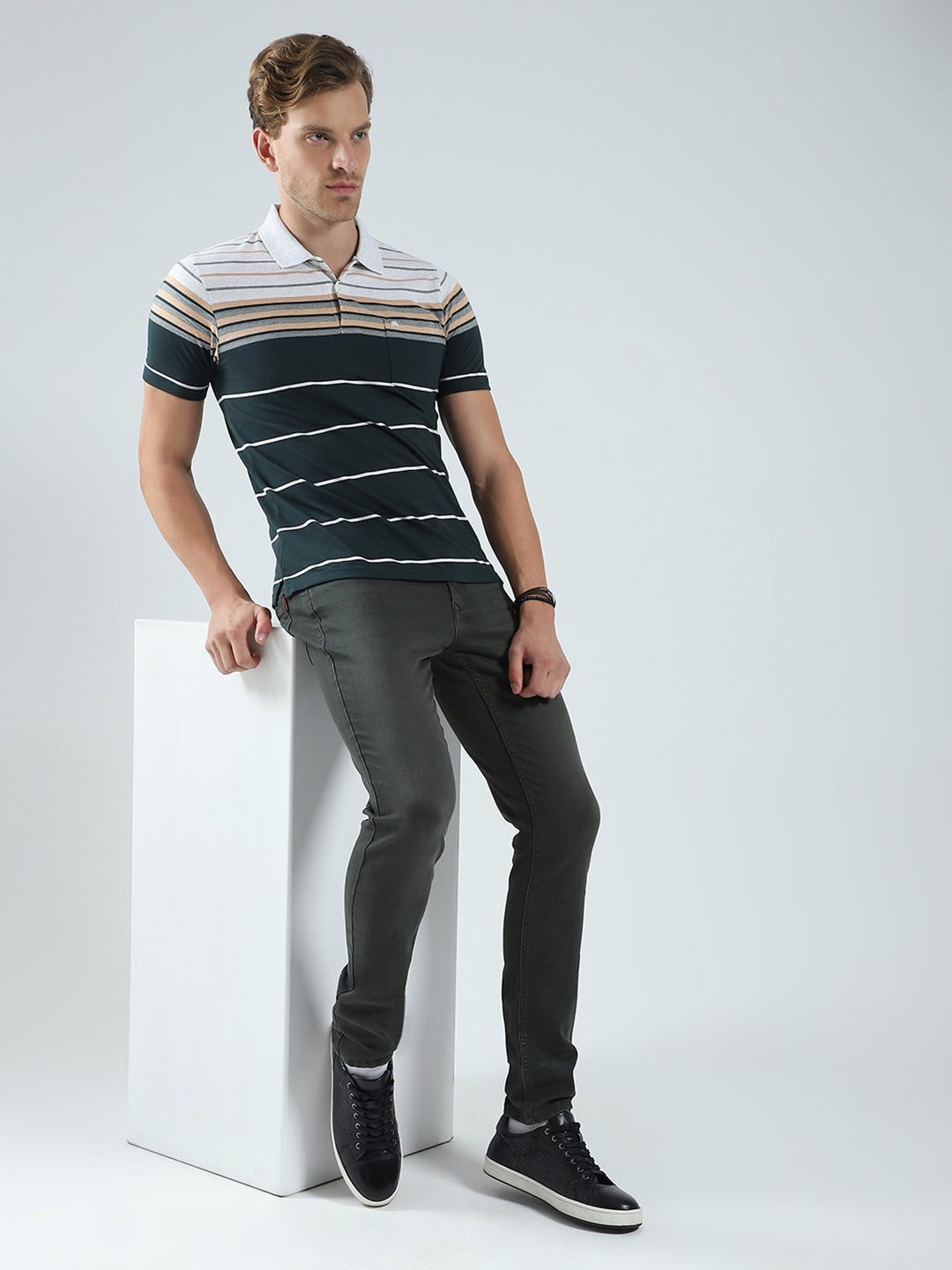 Men Green Stripe Collar Half Sleeve T-Shirt
