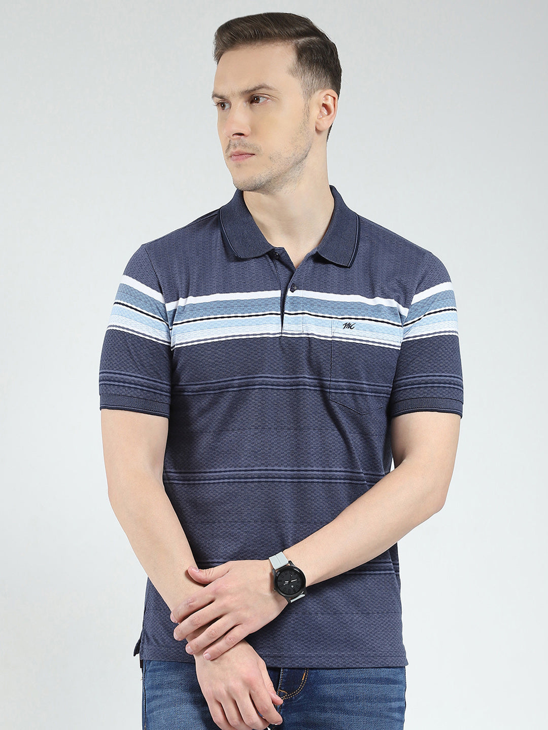 Men Blue Stripe Collar Half Sleeve T-Shirt