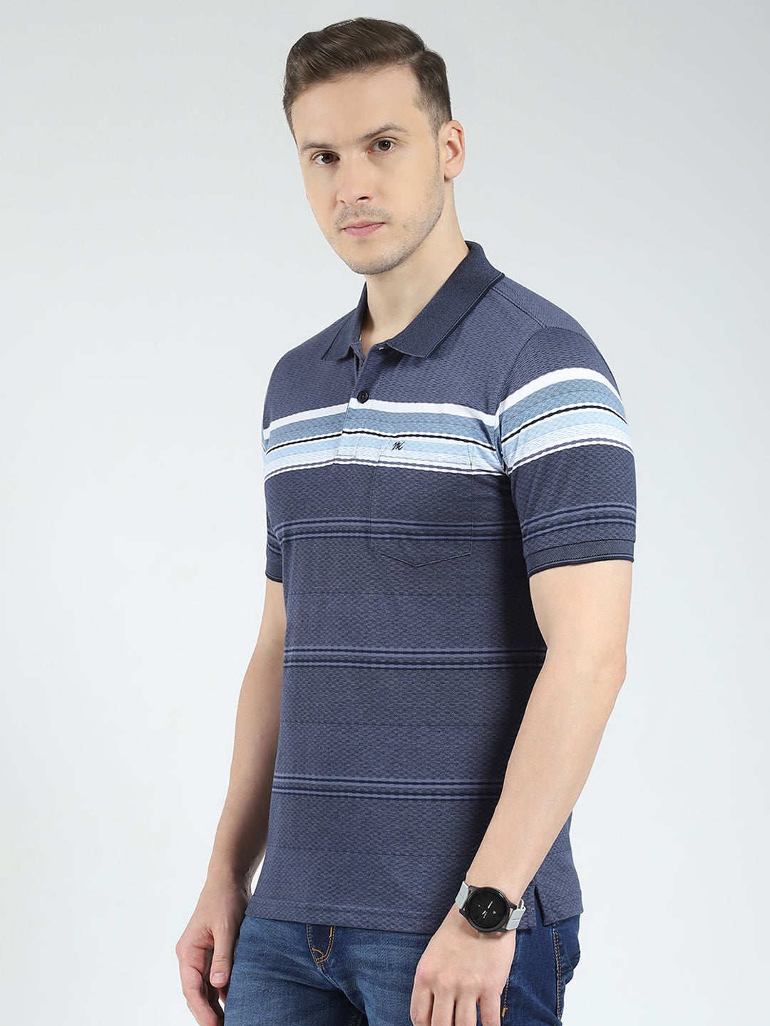Men Blue Stripe Collar Half Sleeve T-Shirt