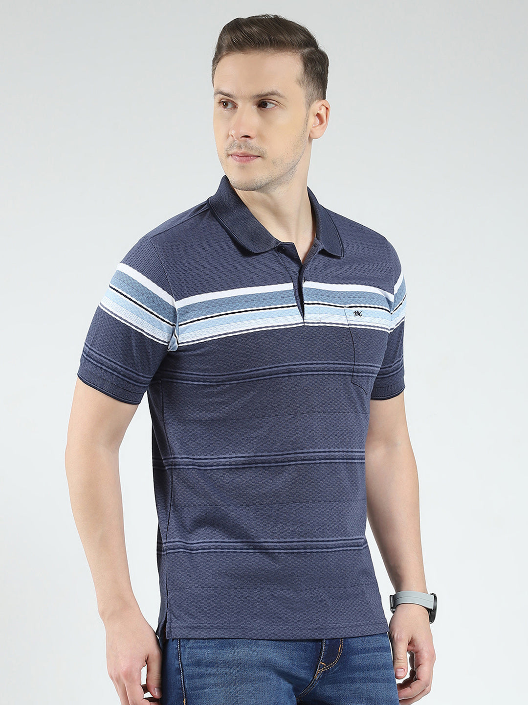 Men Blue Stripe Collar Half Sleeve T-Shirt