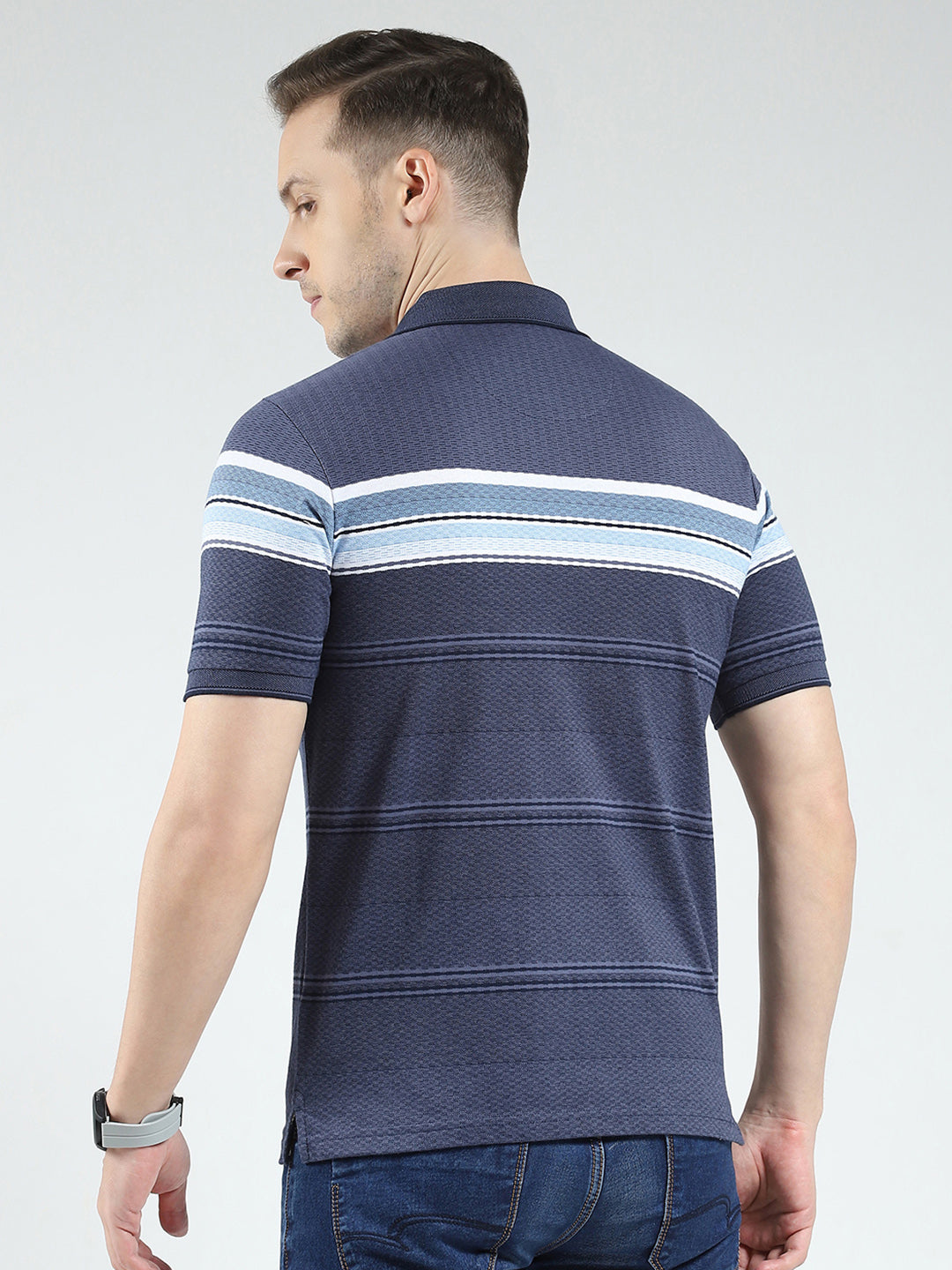 Men Blue Stripe Collar Half Sleeve T-Shirt