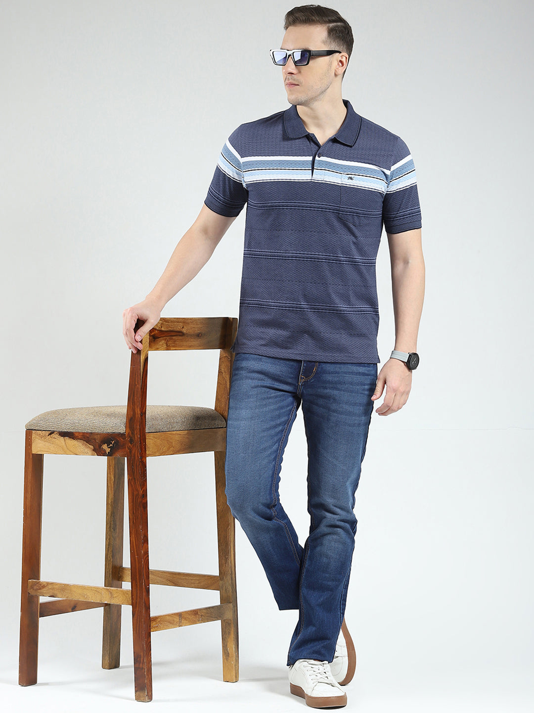 Men Blue Stripe Collar Half Sleeve T-Shirt