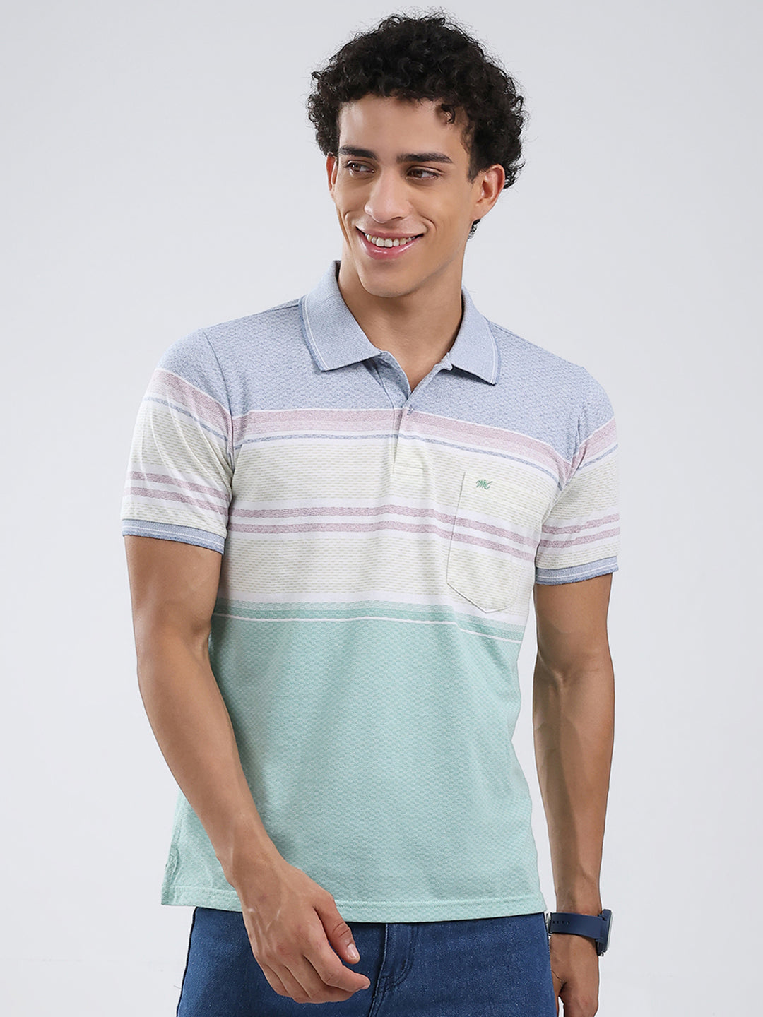 Men Green Stripe Collar Half Sleeve T-Shirt