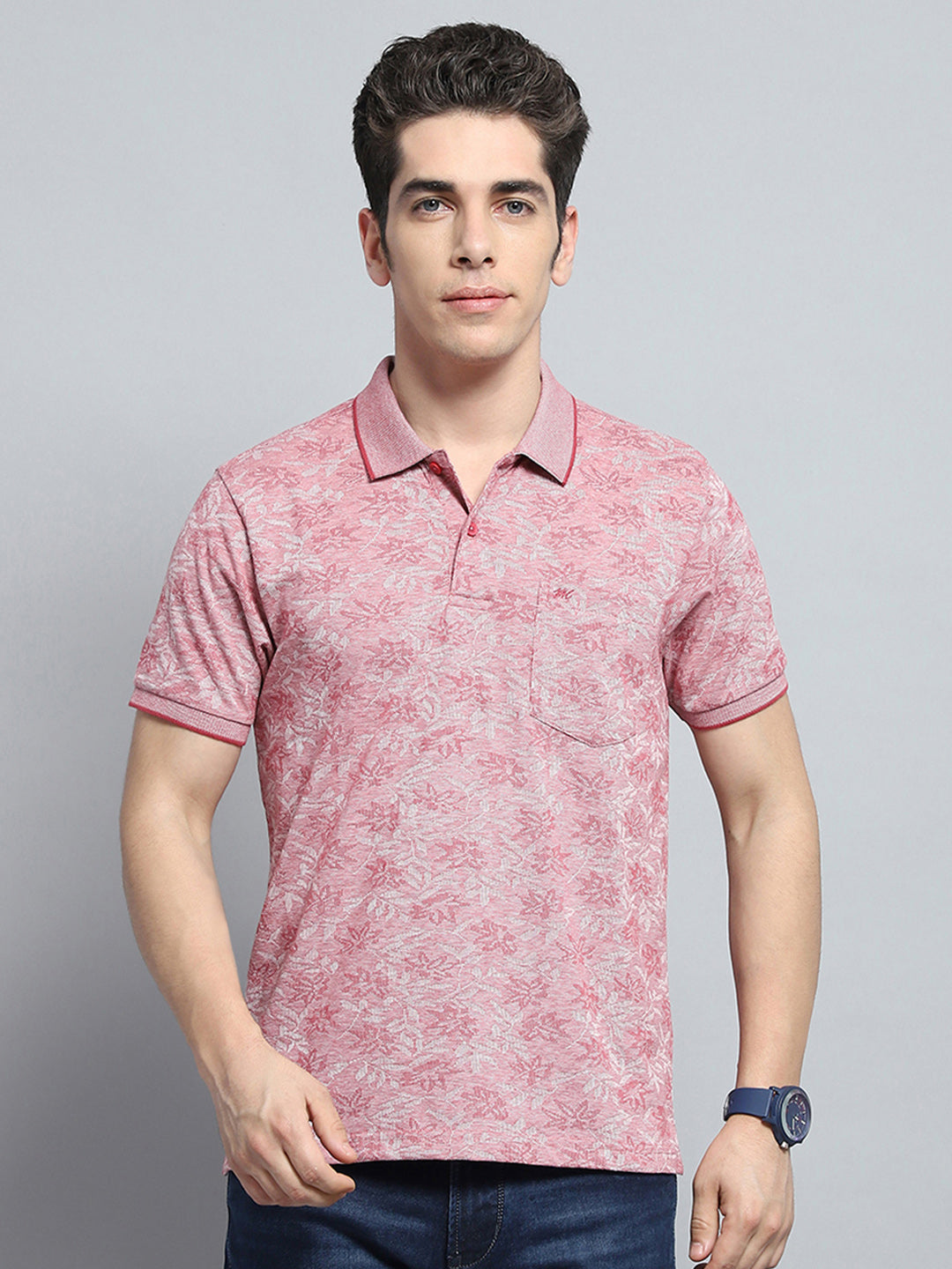 Men Magenta Stripe Collar Half Sleeve T-Shirt
