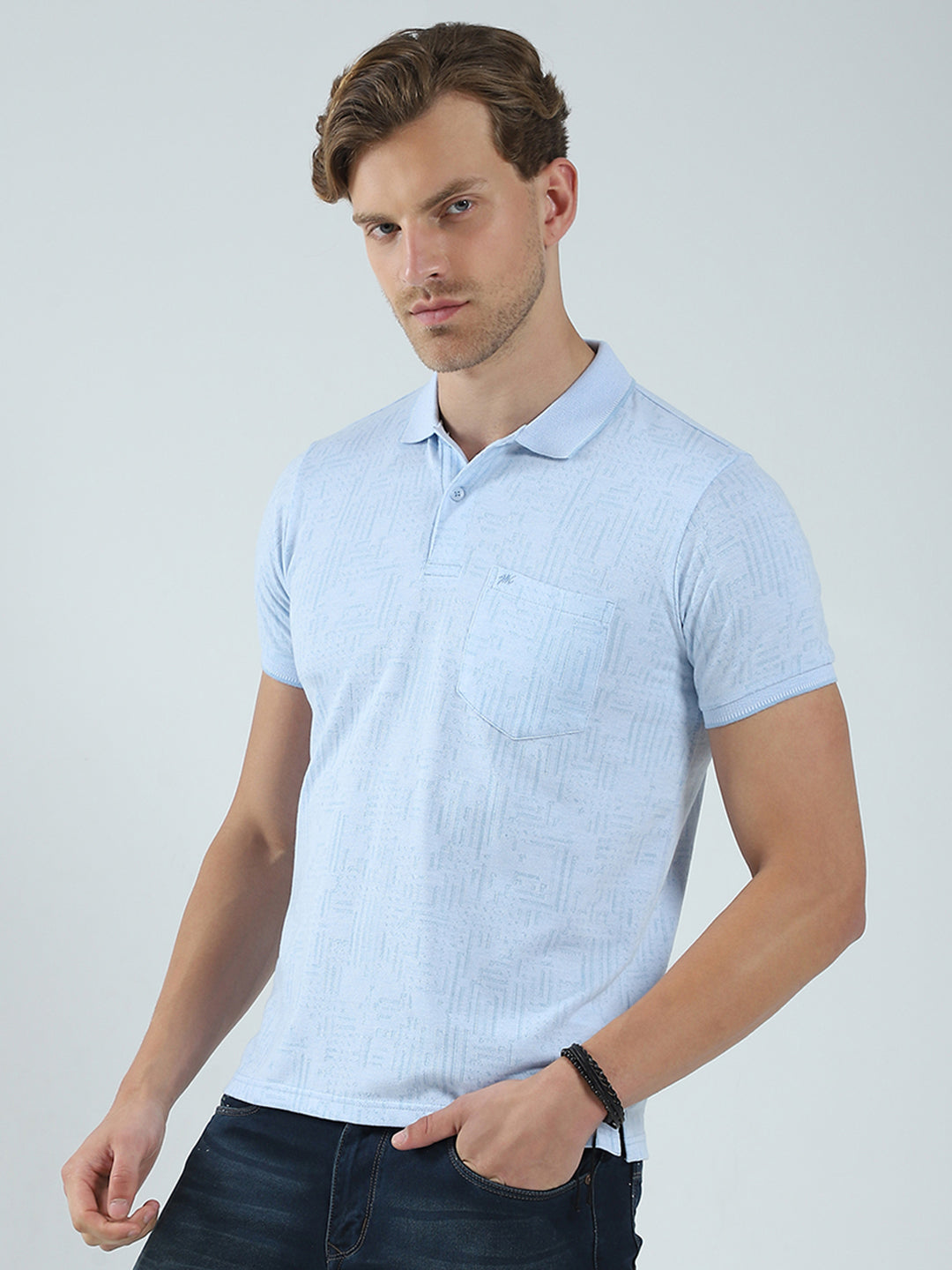Men Blue Self Design Collar Half Sleeve T-Shirt