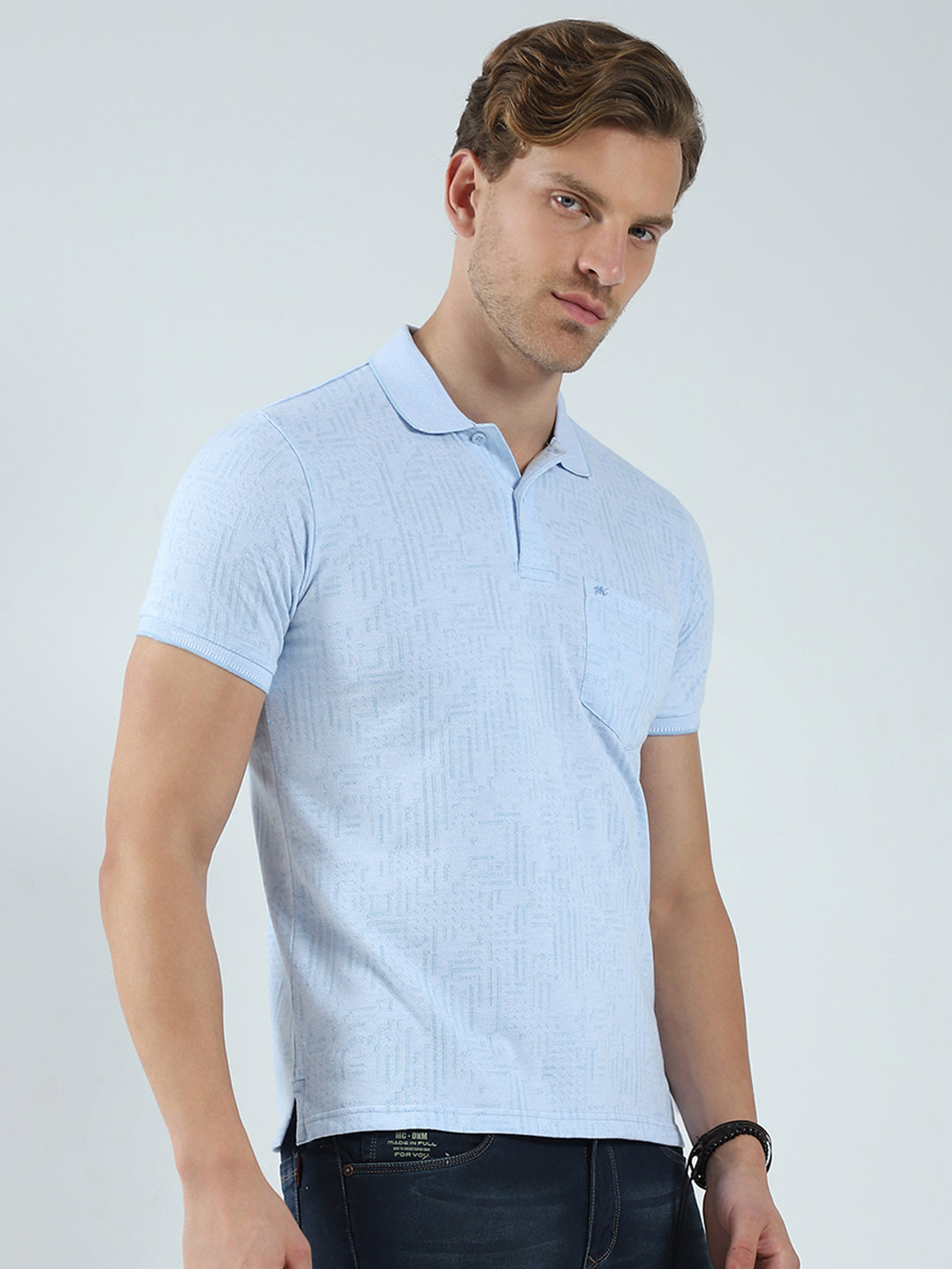 Men Blue Self Design Collar Half Sleeve T-Shirt