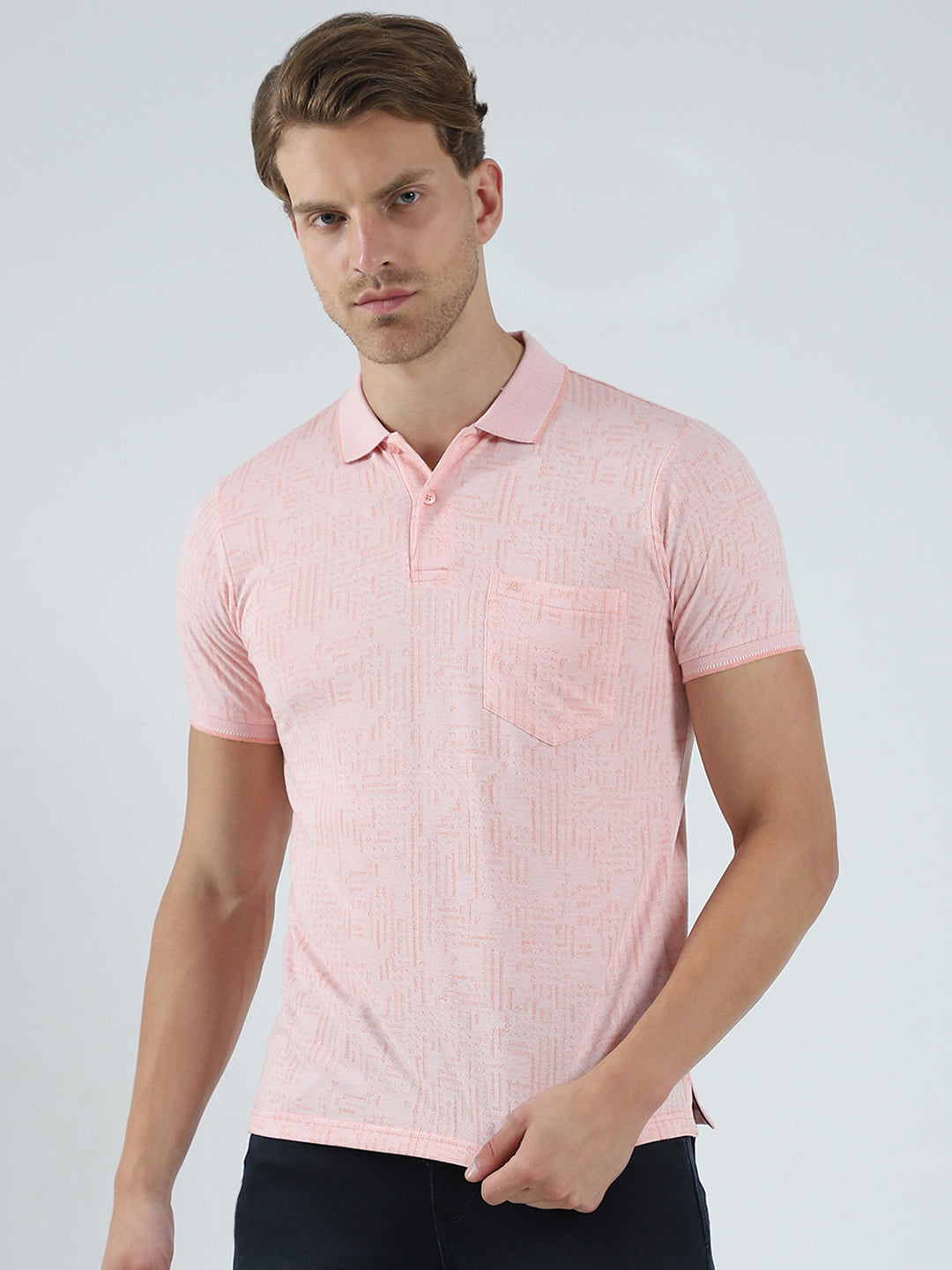 Men Peach Self Design Collar Half Sleeve T-Shirt