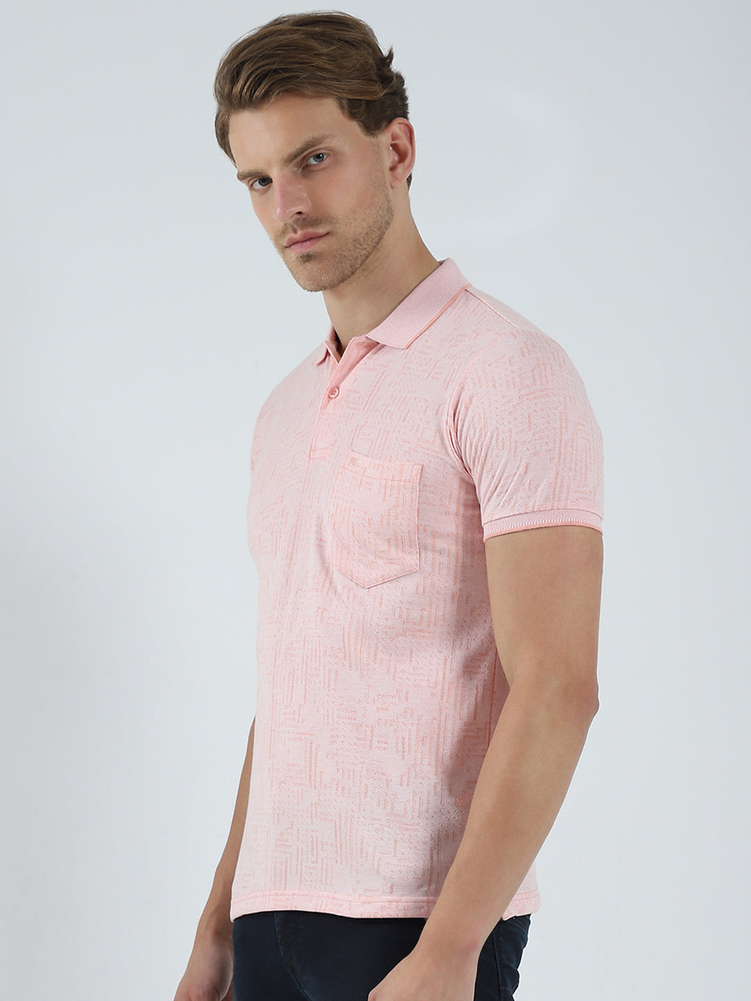 Men Peach Self Design Collar Half Sleeve T-Shirt