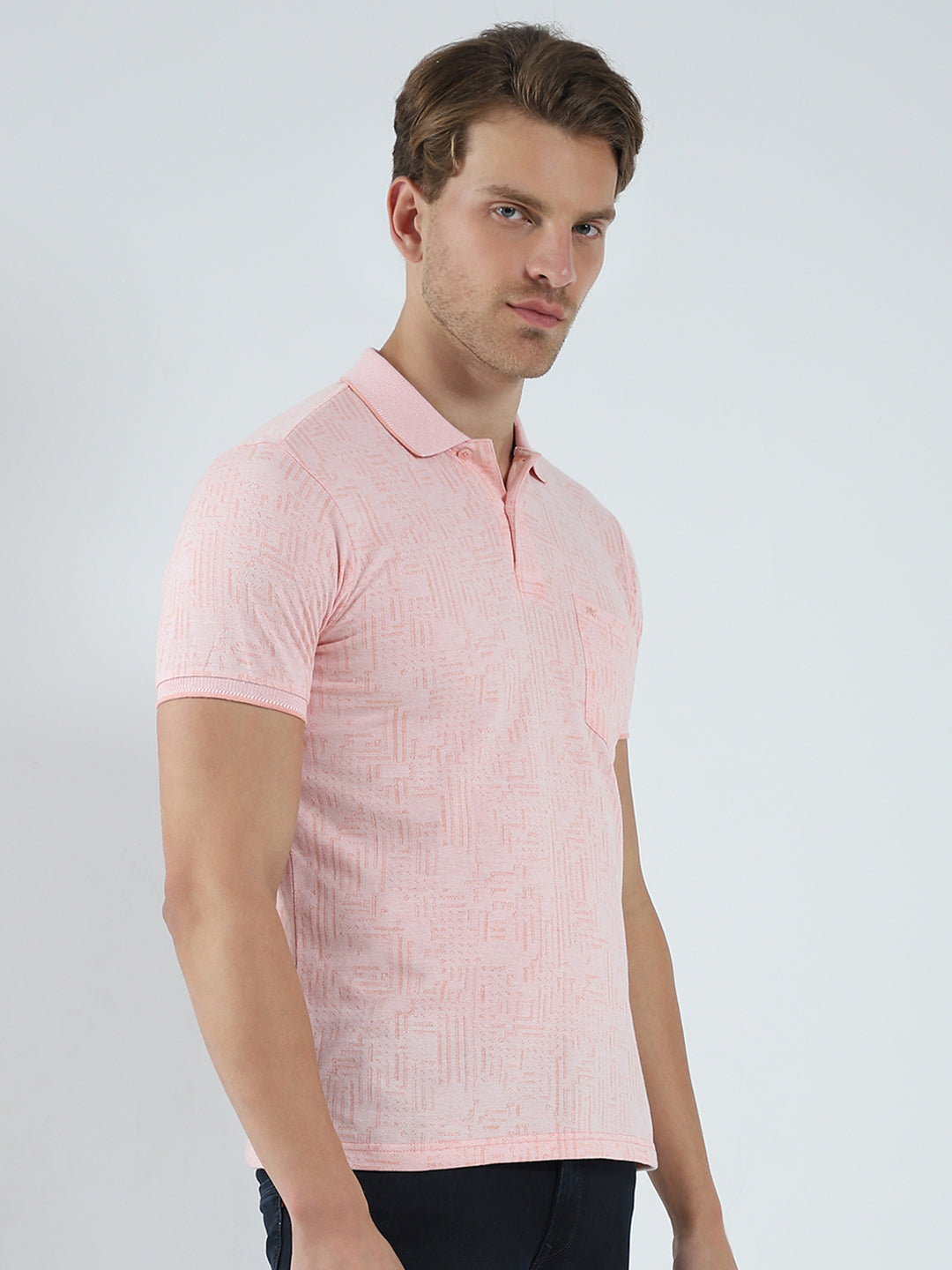 Men Peach Self Design Collar Half Sleeve T-Shirt