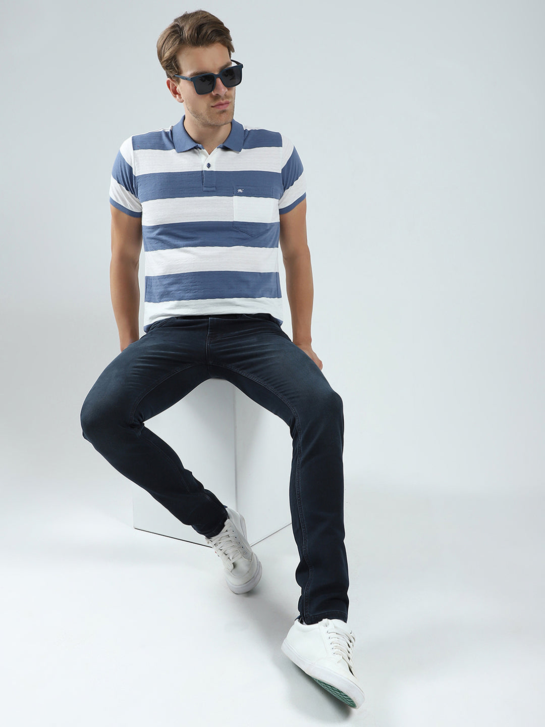 Men Blue Stripe Collar Half Sleeve T-Shirt