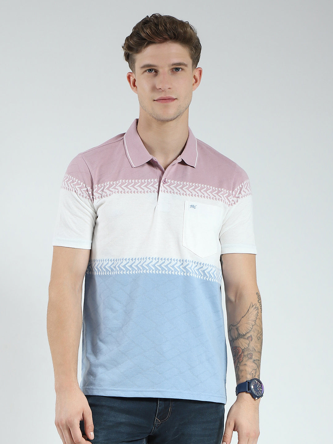 Men Blue Stripe Collar Half Sleeve T-Shirt