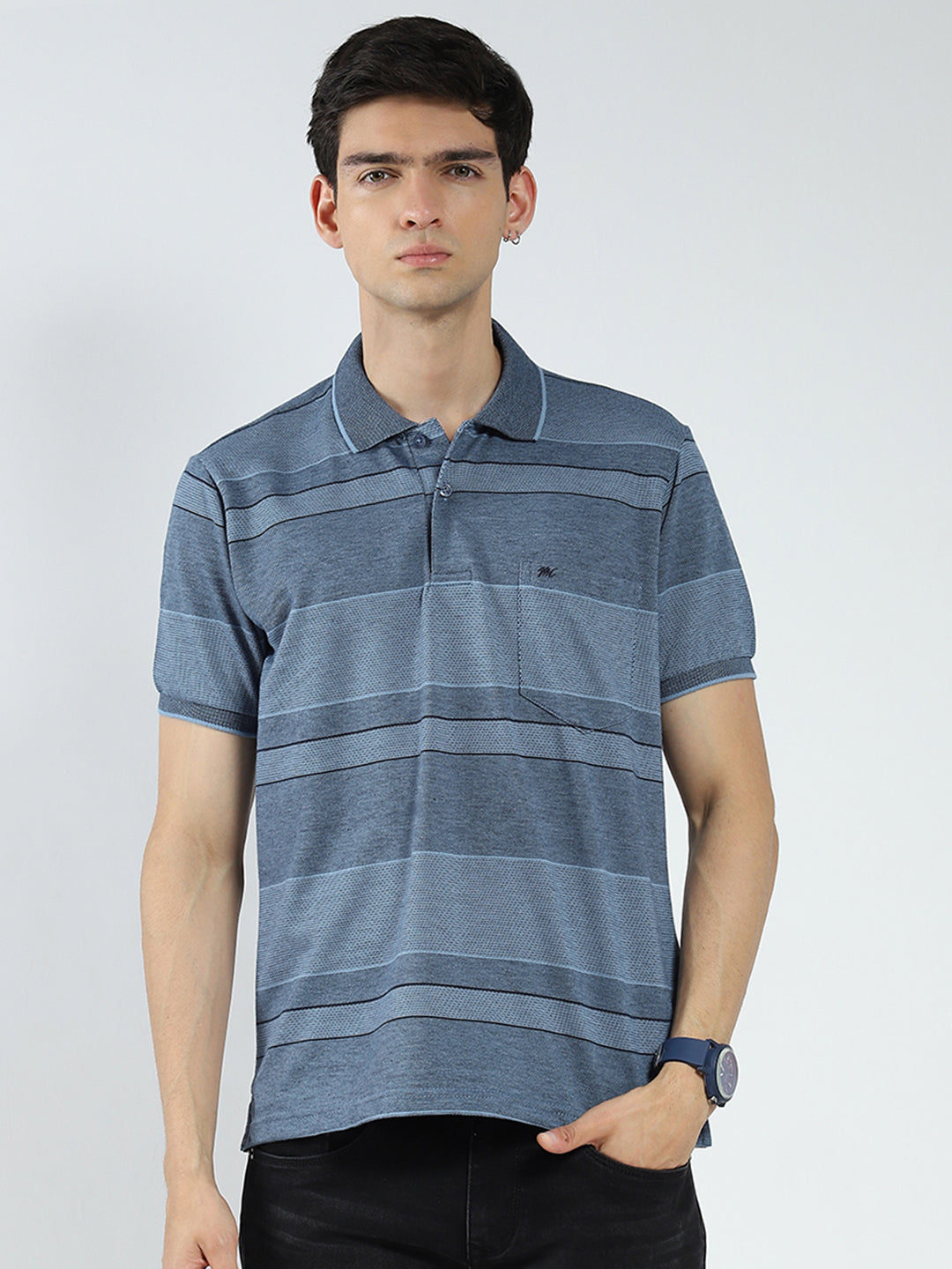 Men Blue Stripe Collar Half Sleeve T-Shirt
