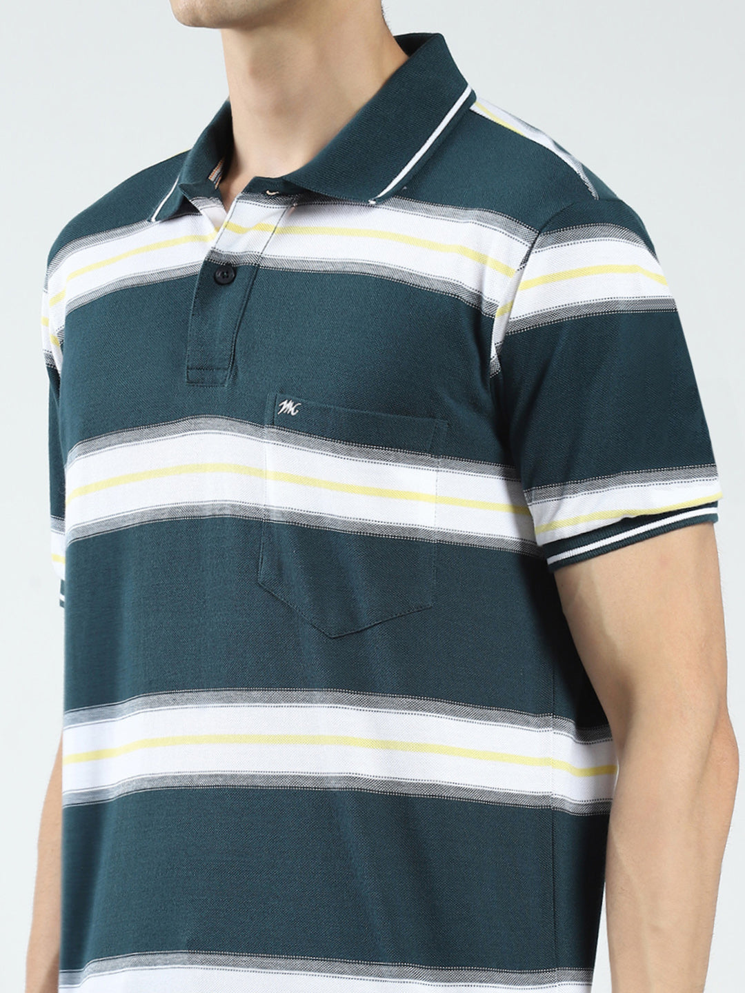 Men Green Stripe Collar Half Sleeve T-Shirt