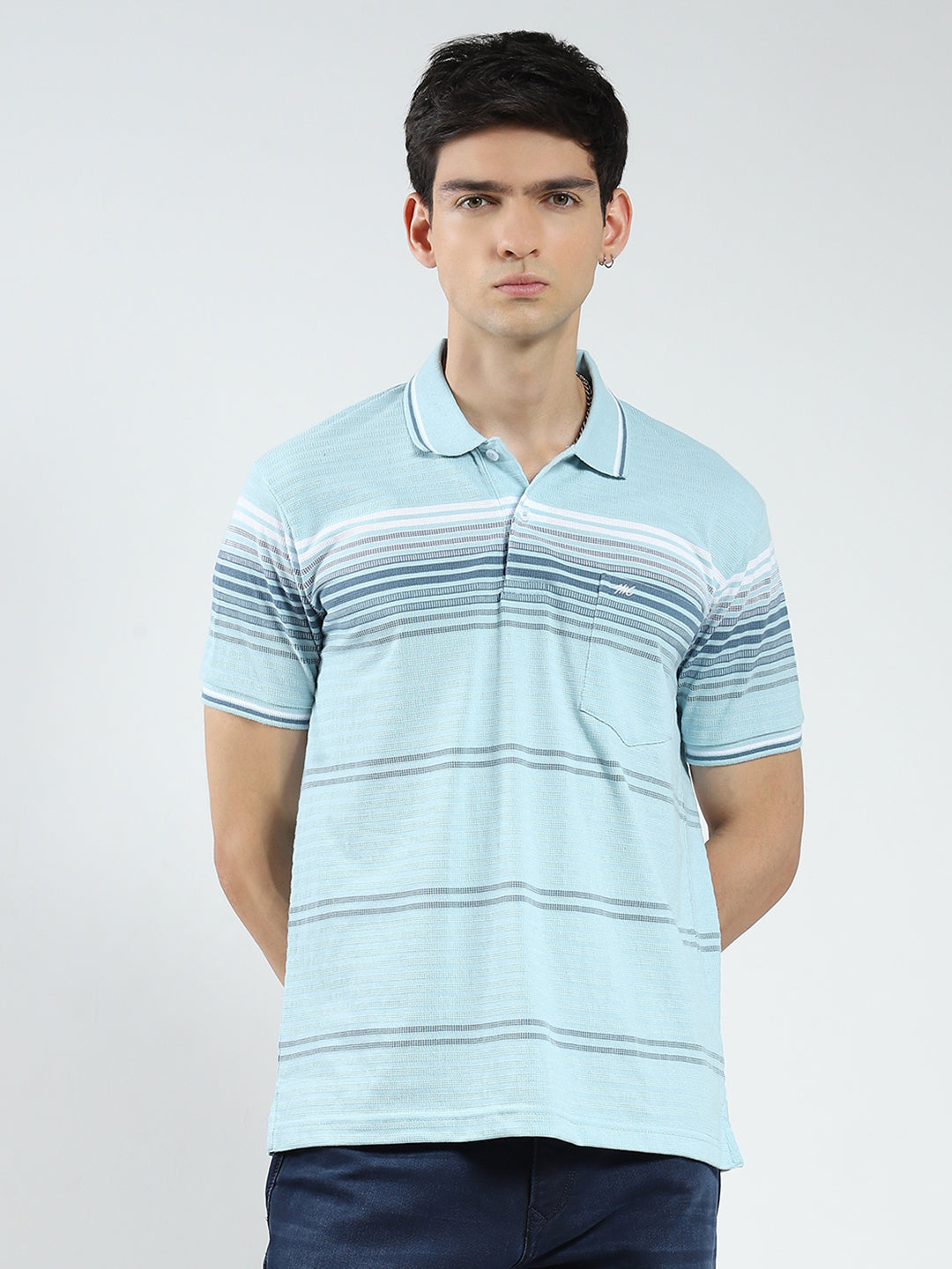 Men Green Stripe Collar Half Sleeve T-Shirt