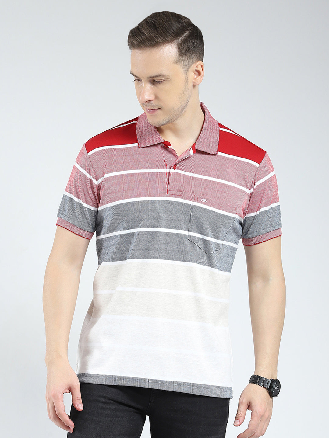 Men Red Stripe Collar Half Sleeve T-Shirt