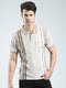Men Beige Stripe Collar Half Sleeve T-Shirt