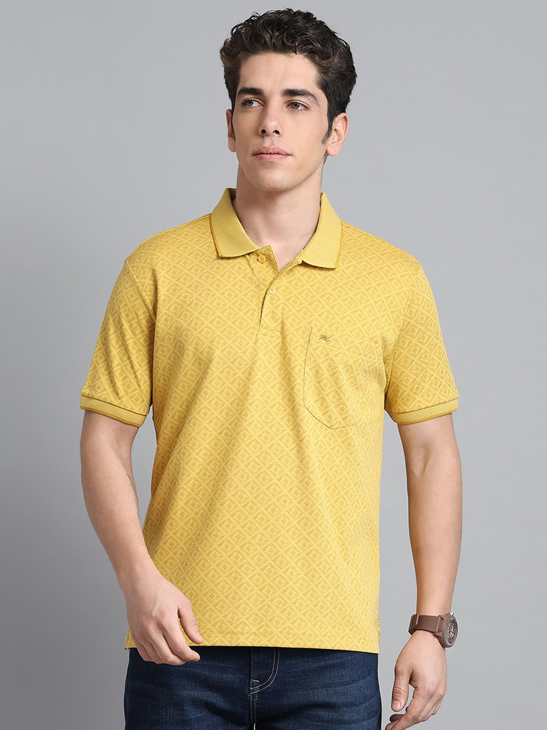 Men Yellow Printed Collar Half Sleeve T-Shirt