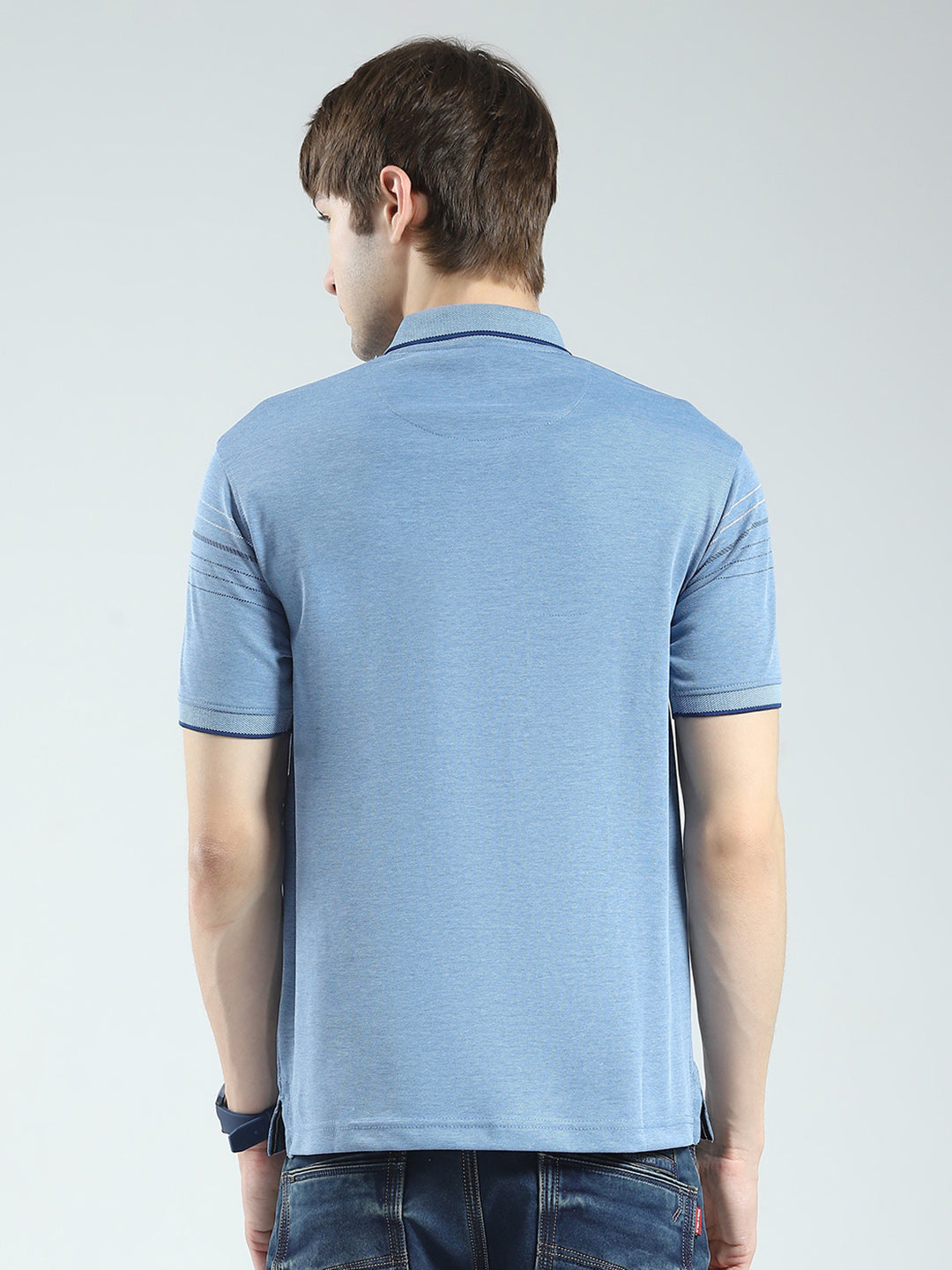 Men Blue Printed Collar Half Sleeve T-Shirt