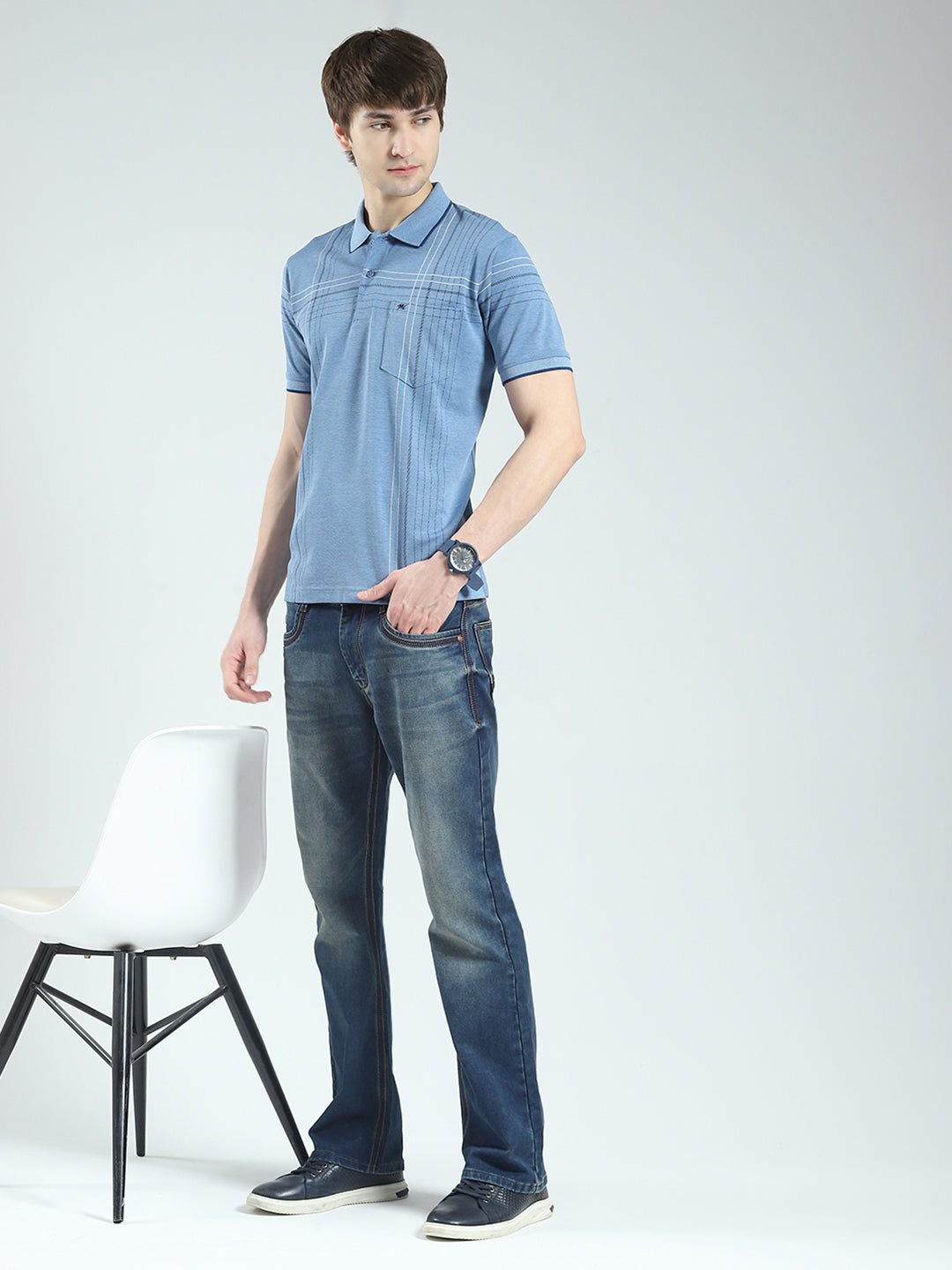 Men Blue Printed Collar Half Sleeve T-Shirt