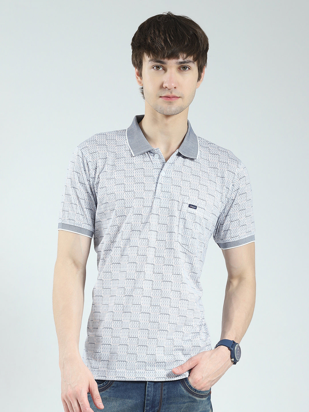 Men Grey Printed Collar Half Sleeve T-Shirt