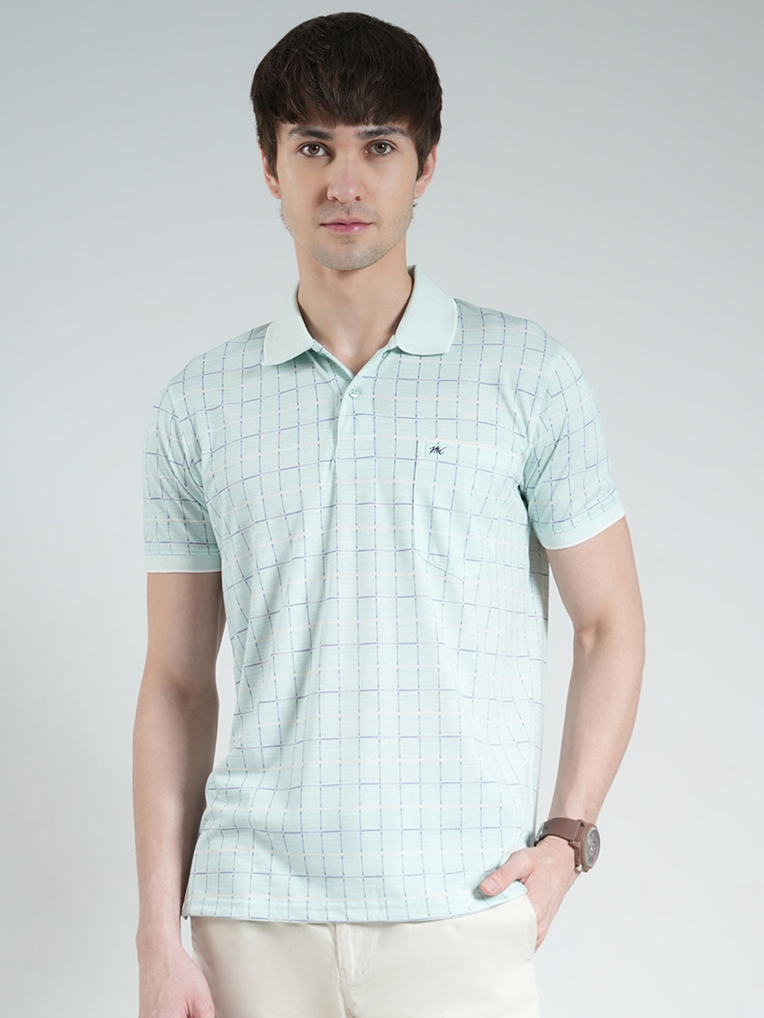 Men Blue Printed Collar Half Sleeve T-Shirt