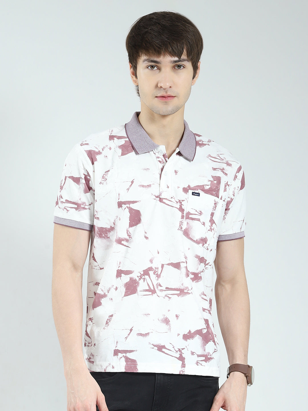 Men Pink Printed Collar Half Sleeve T-Shirt