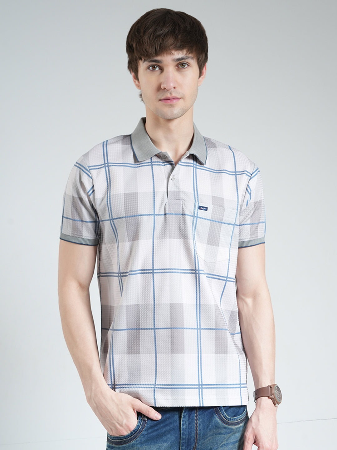 Men Grey Printed Collar Half Sleeve T-Shirt