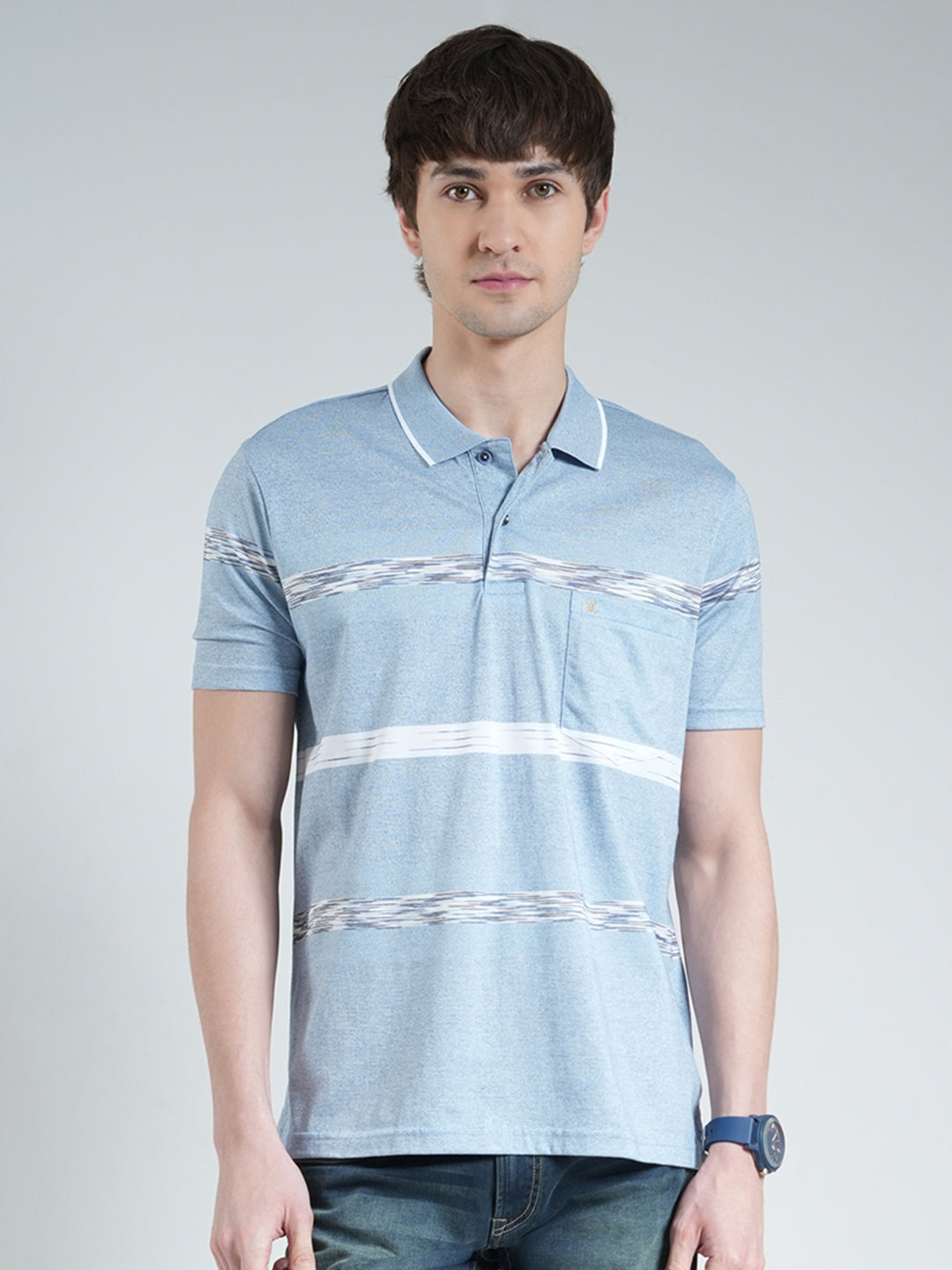 Luxuria Men Sky Blue Stripe Collar Half Sleeve T-Shirt