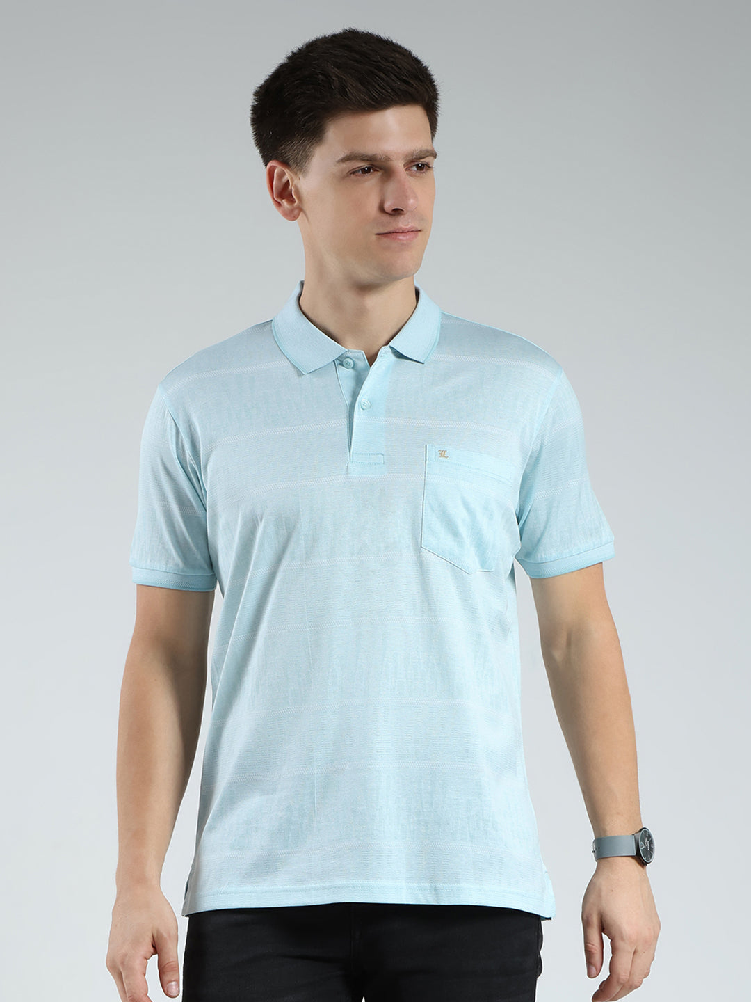 Luxuria Men Green Stripe Collar Half Sleeve T-Shirt