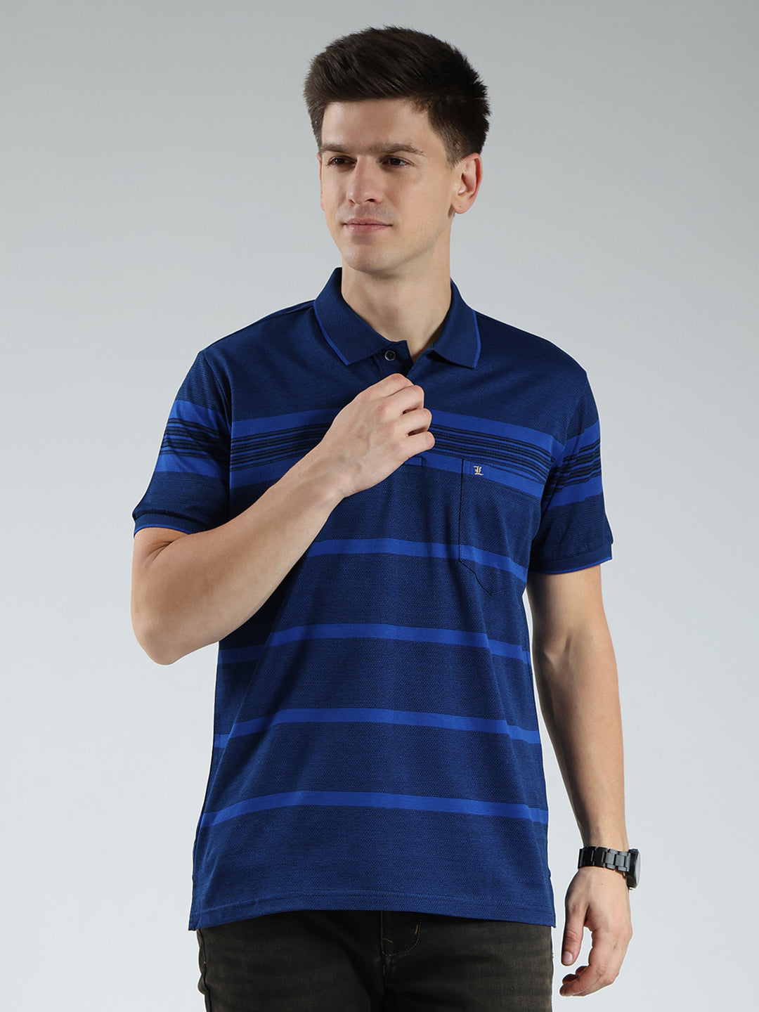 Luxuria Men Navy Blue Stripe Collar Half Sleeve T-Shirt