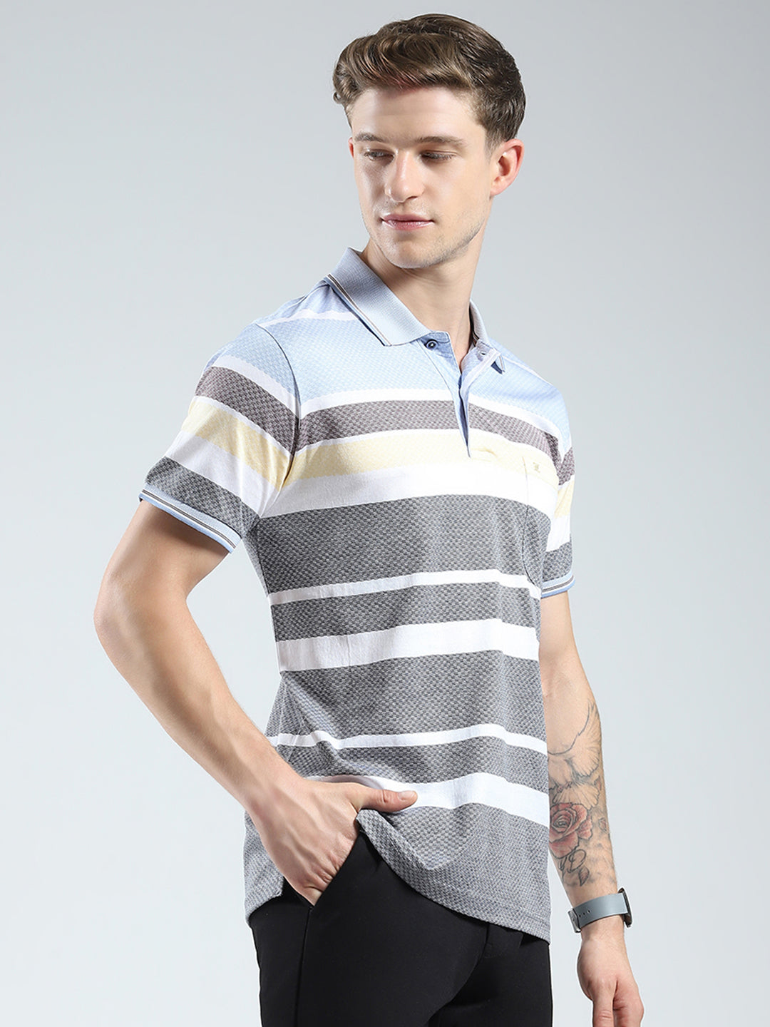 Luxuria Men Grey Stripe Collar Half Sleeve T-Shirt