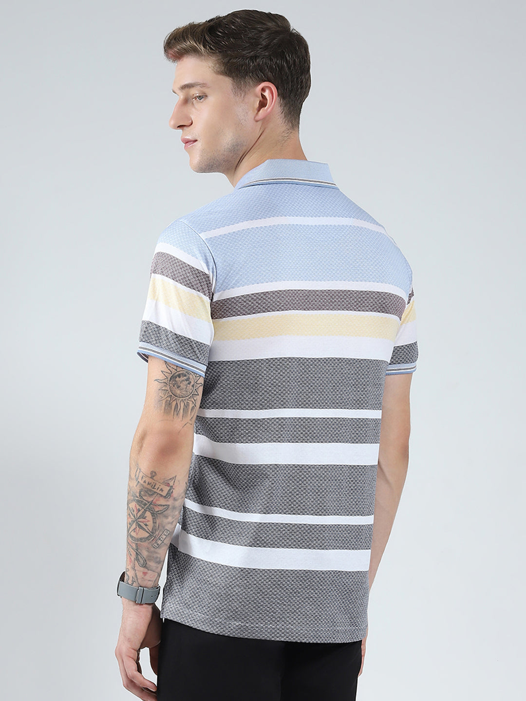 Luxuria Men Grey Stripe Collar Half Sleeve T-Shirt