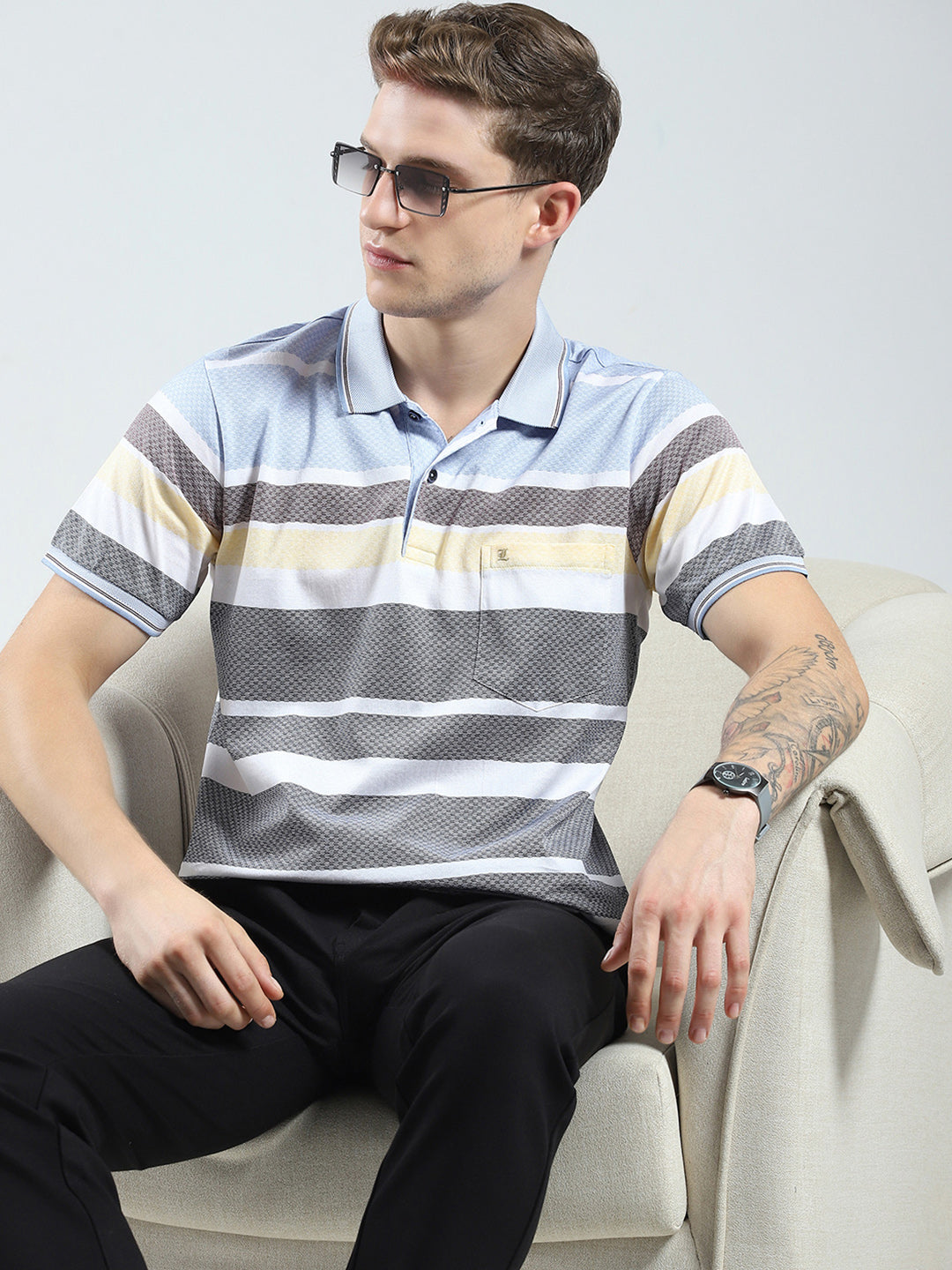 Luxuria Men Grey Stripe Collar Half Sleeve T-Shirt