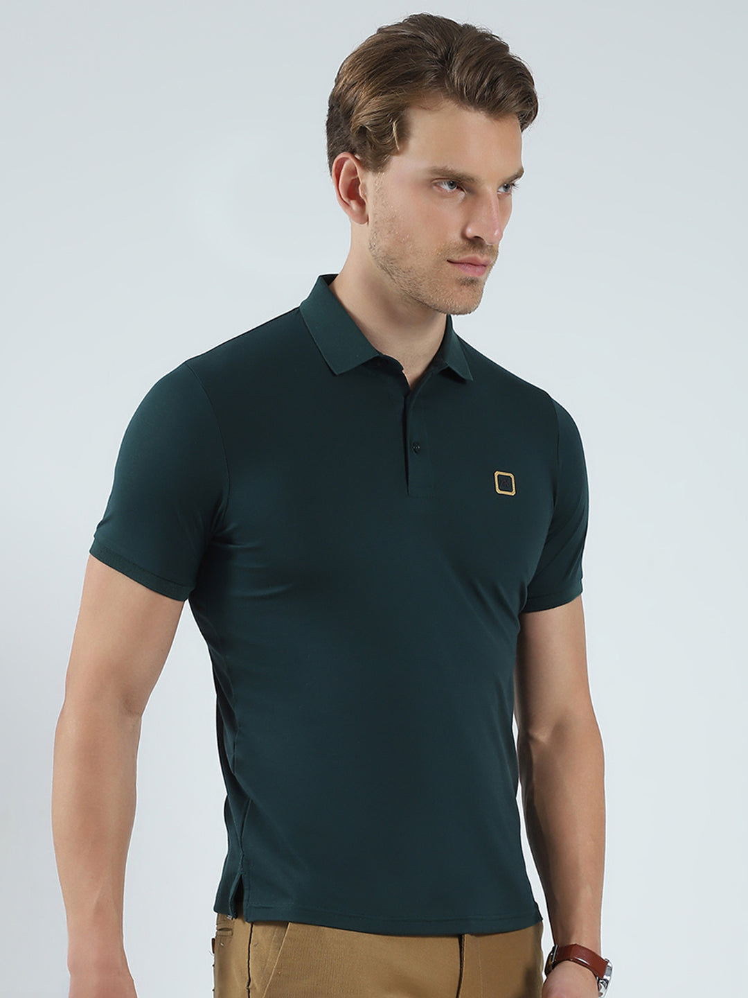 Men Green Solid Collar Half Sleeve T-Shirt